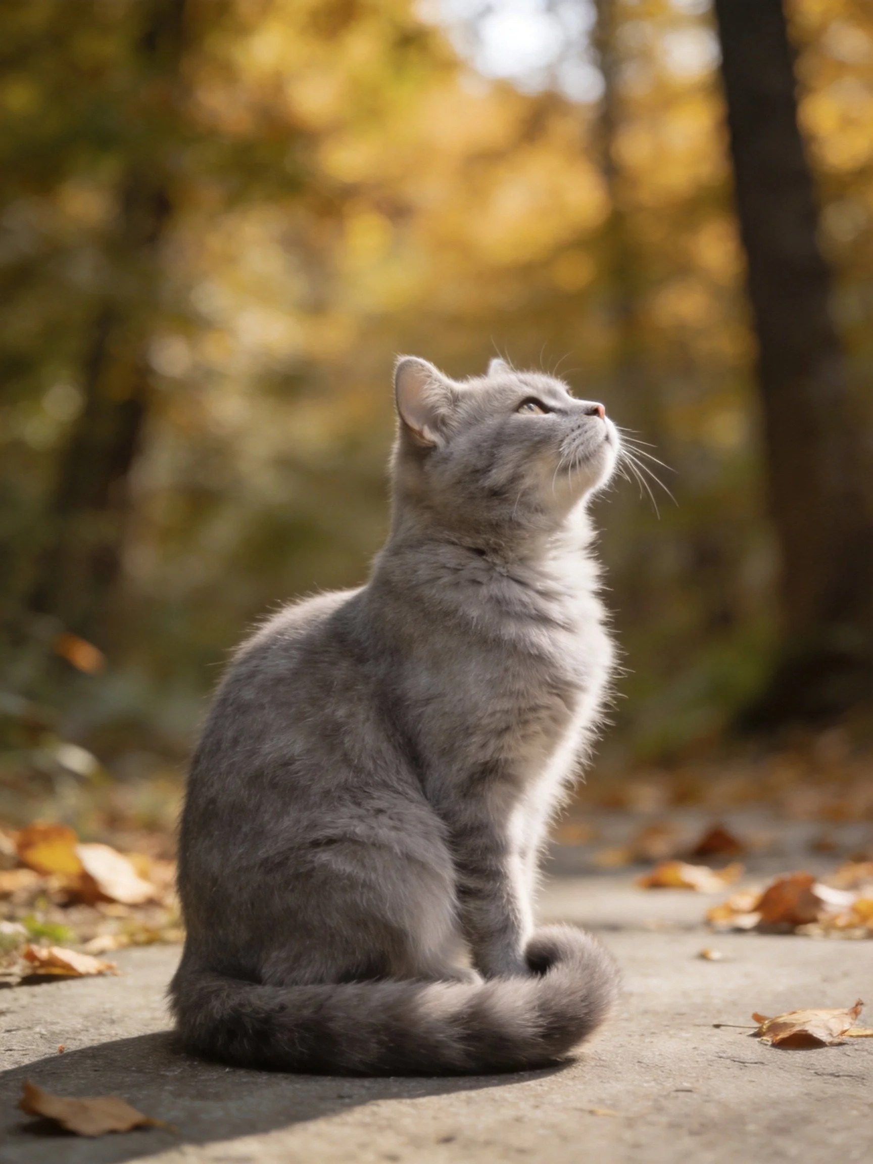 A gray cat sits on a path amid autumn foliage