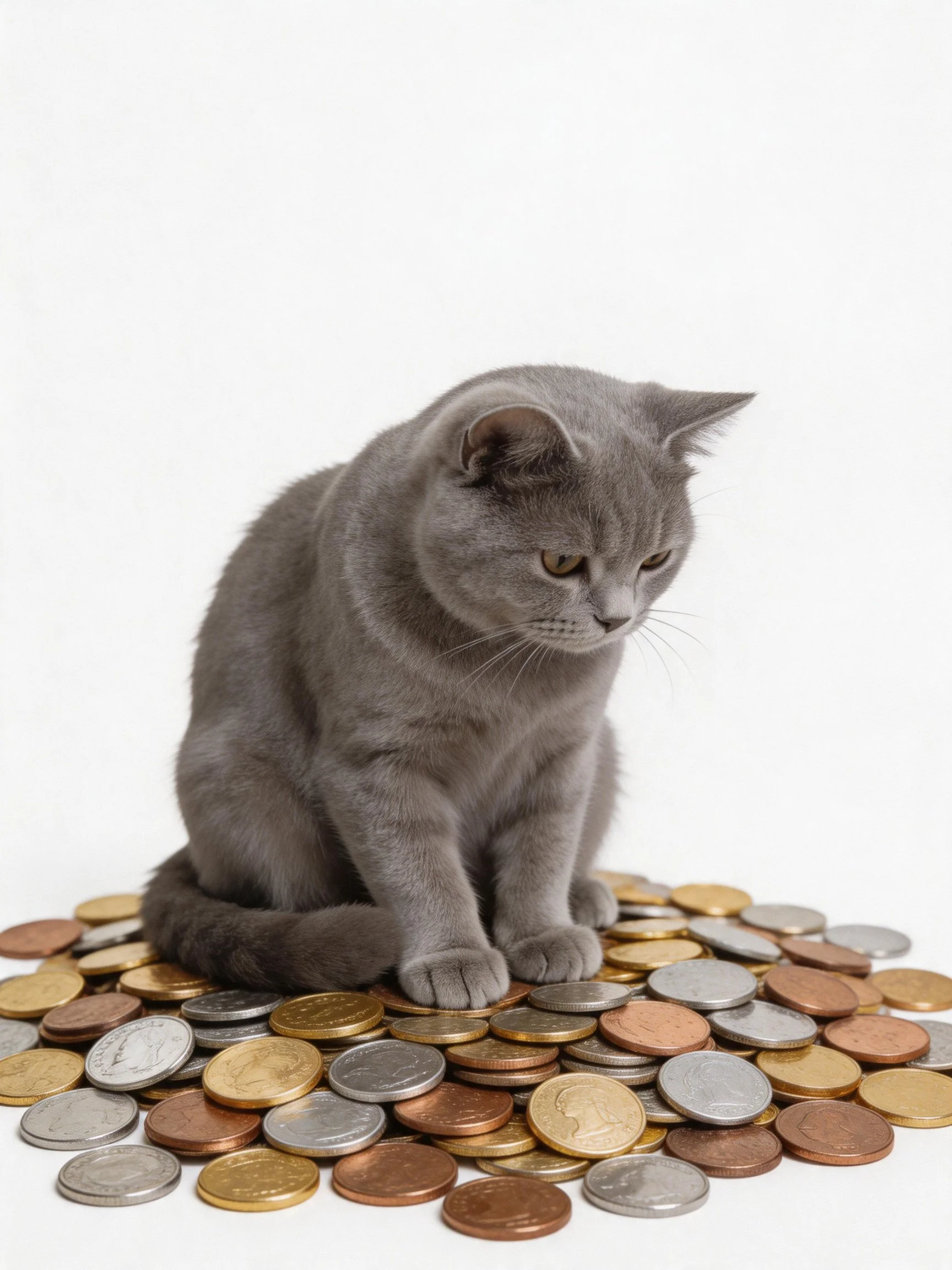 A gray cat rests on a pile of variously colored coins.