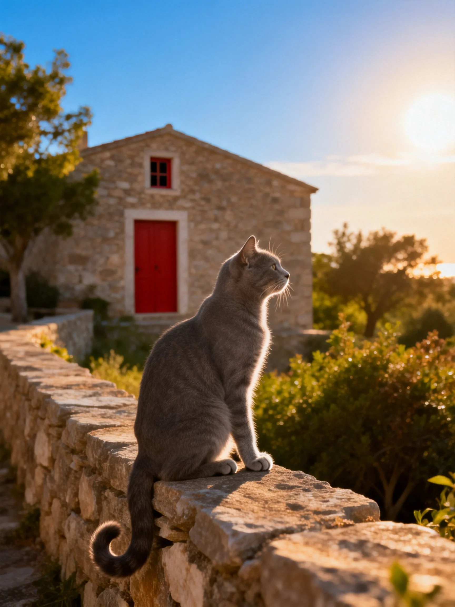 A gray cat sits on a stone wall near a rustic stone house with a red door