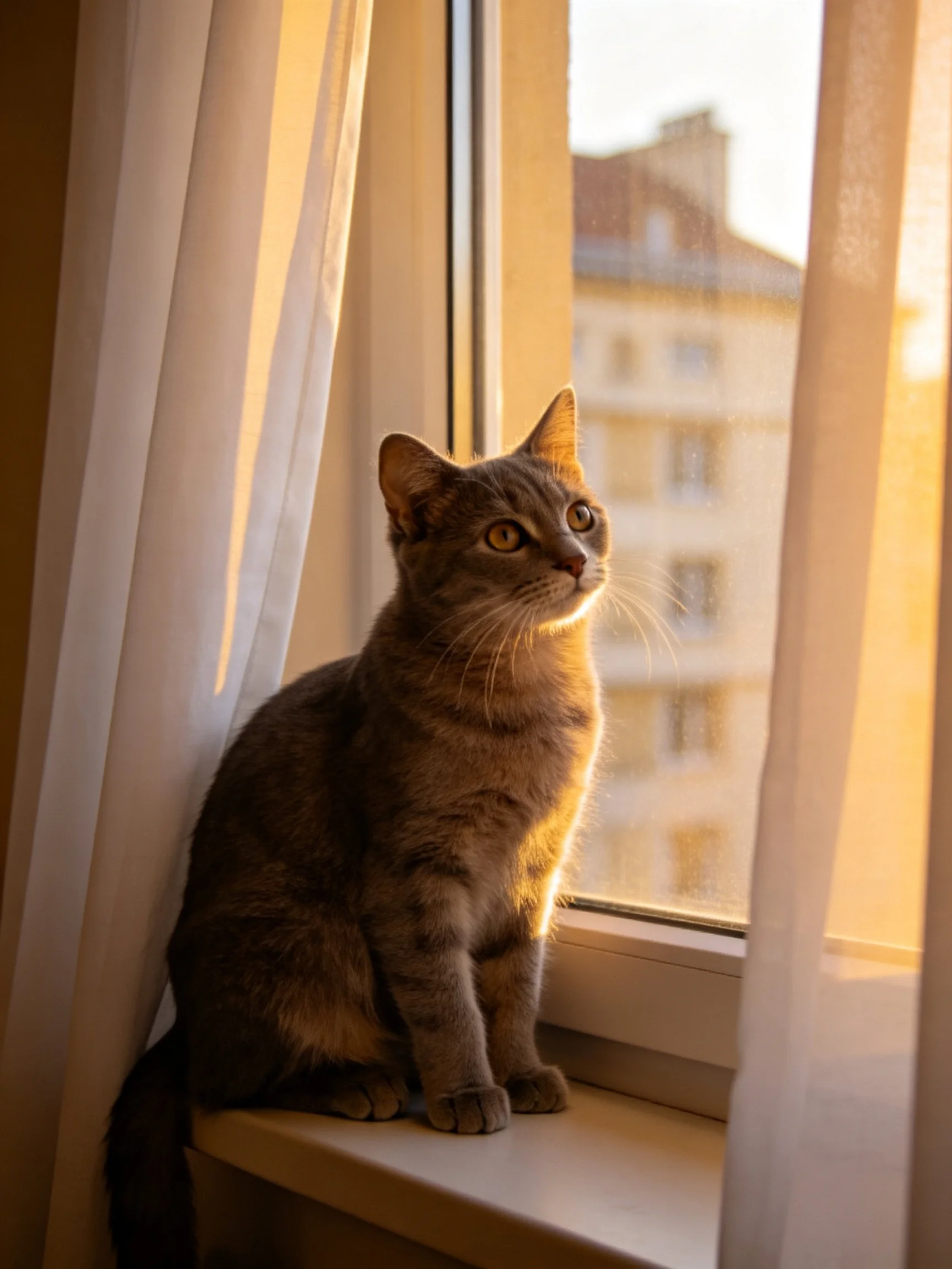 A gray cat sits on a sunlit windowsill beside white curtains