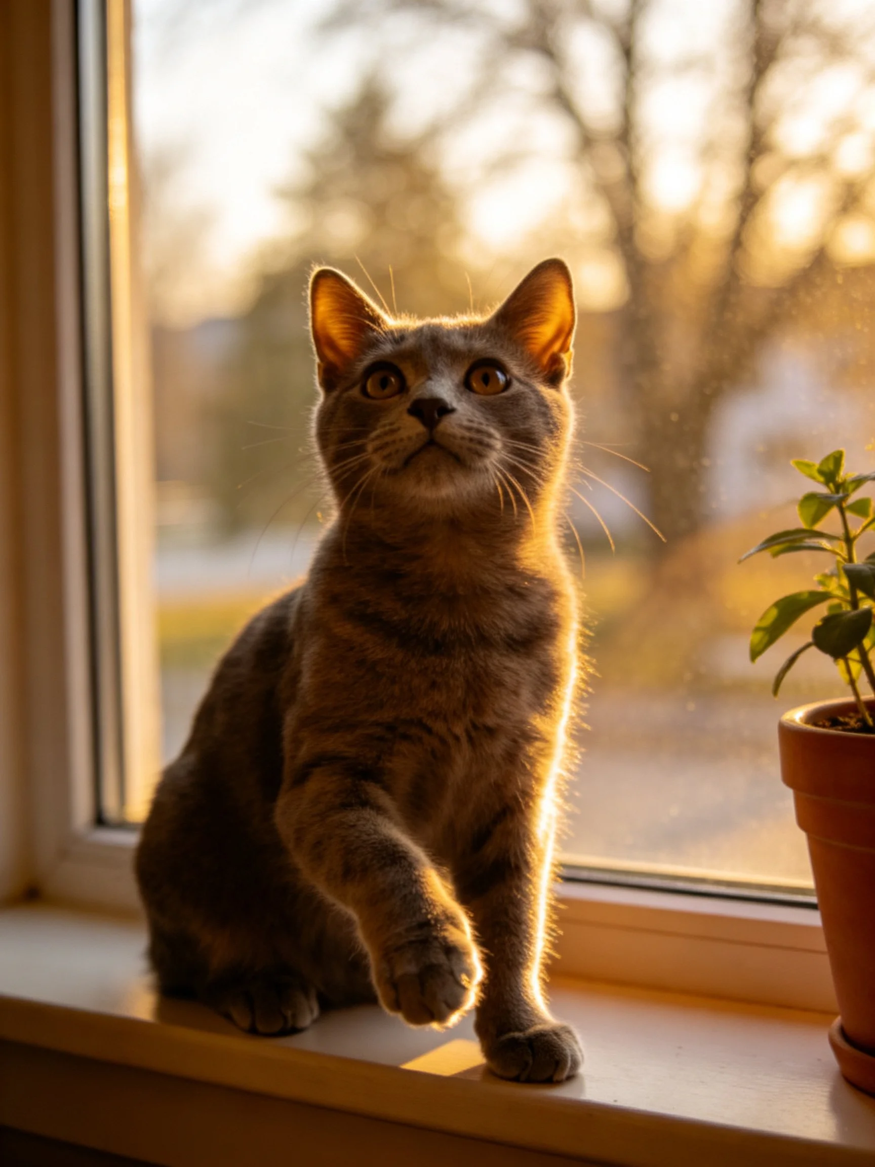 A gray cat sits on a sunlit windowsill next to a potted plantwith a golden-hour backdrop.