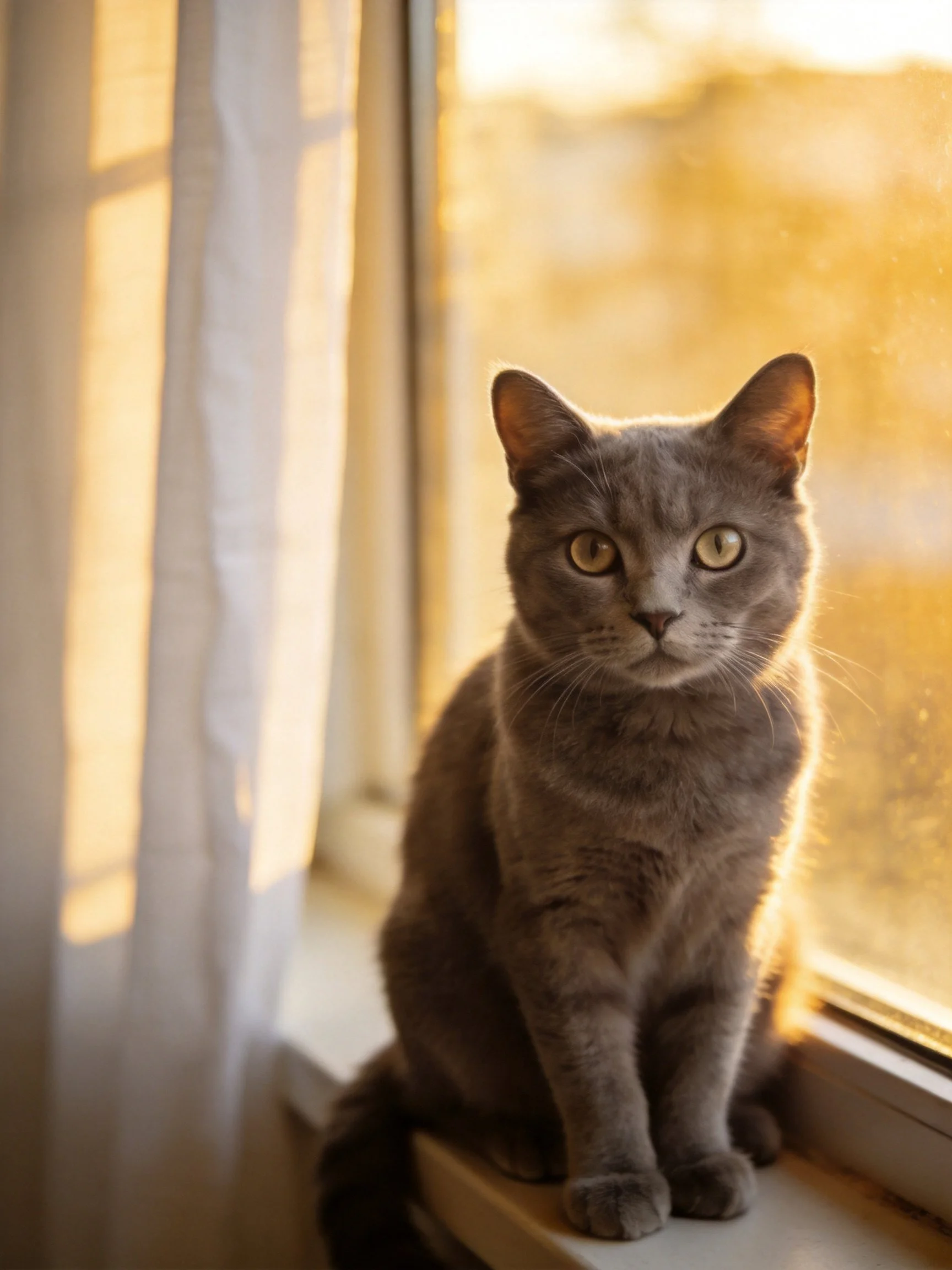 A gray cat sits on a sunlit windowsill with golden backlighting.