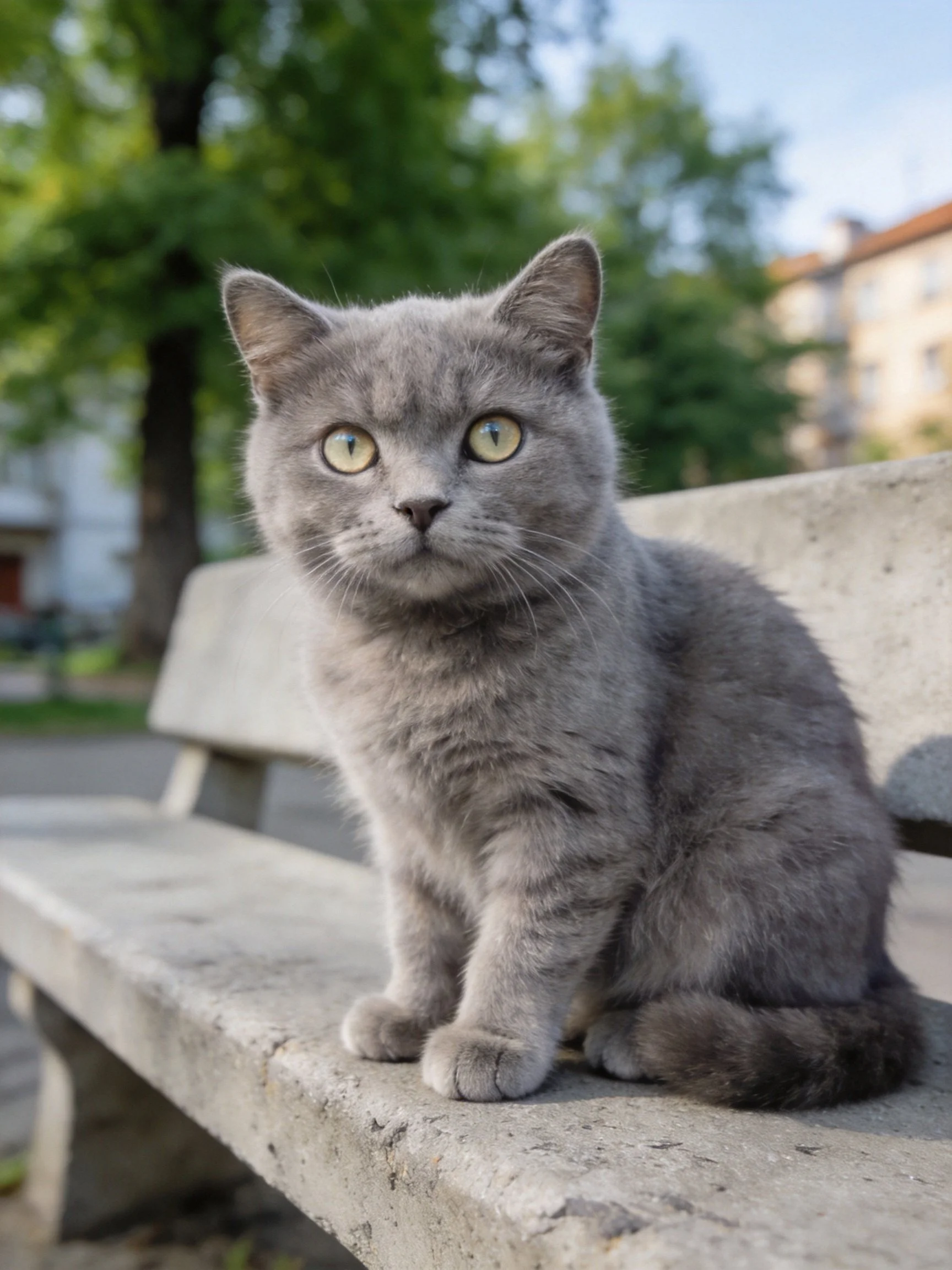 A gray cat sits on a weathered concrete bench in an outdoor park