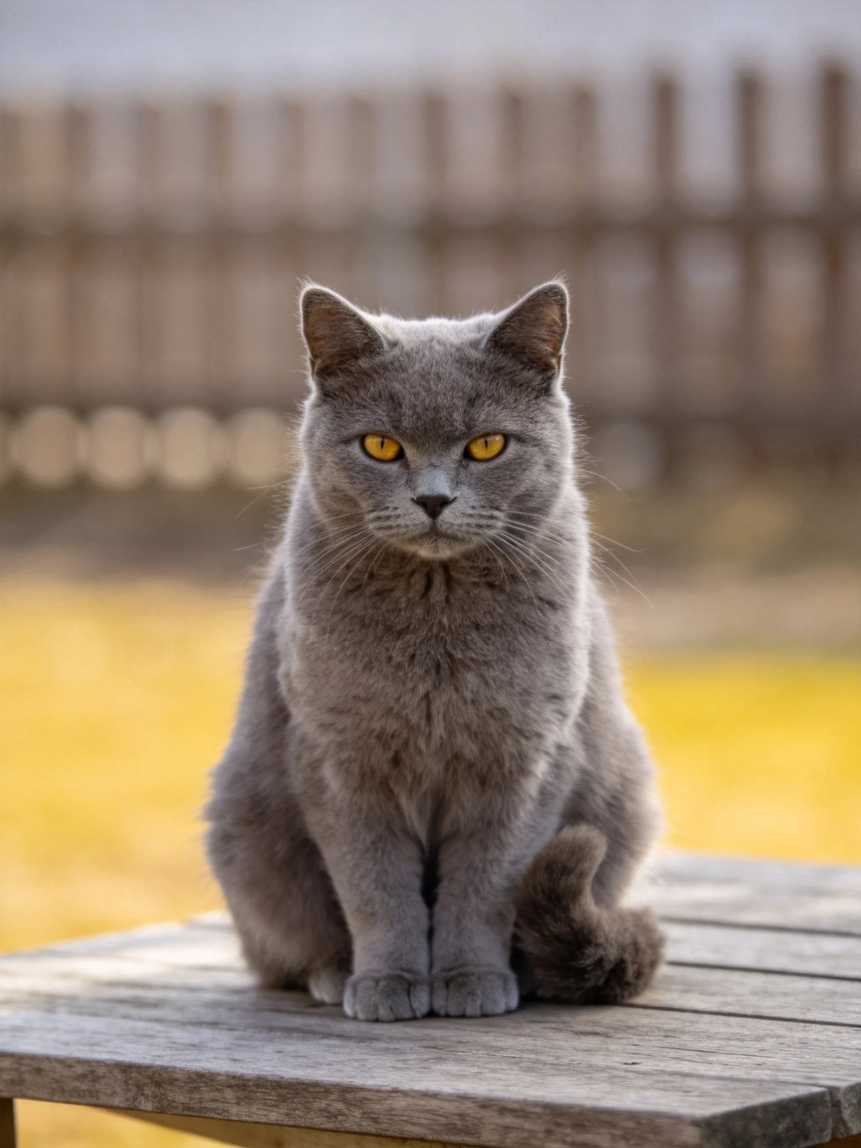 A gray cat sits calmly on a wooden table in an outdoor space
