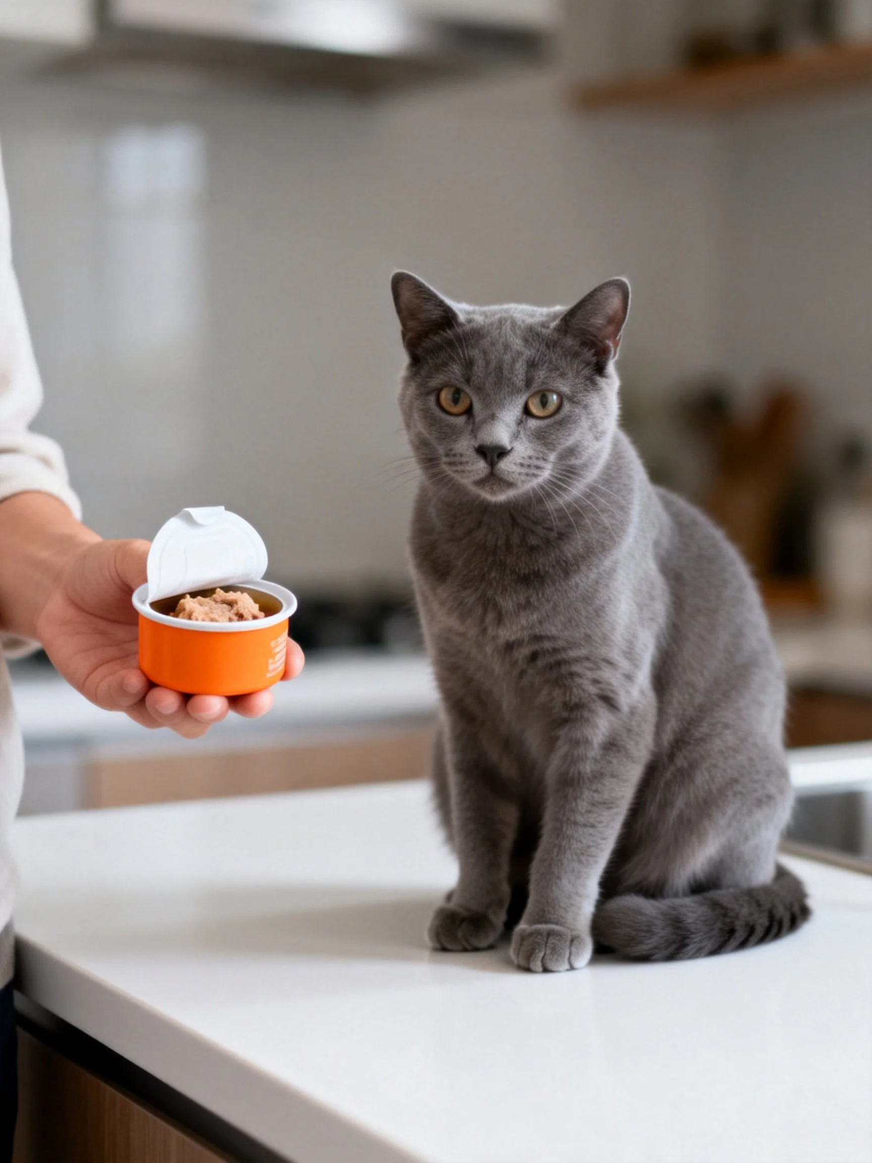 A gray cat sits on a kitchen counter as someone holds an orange food container