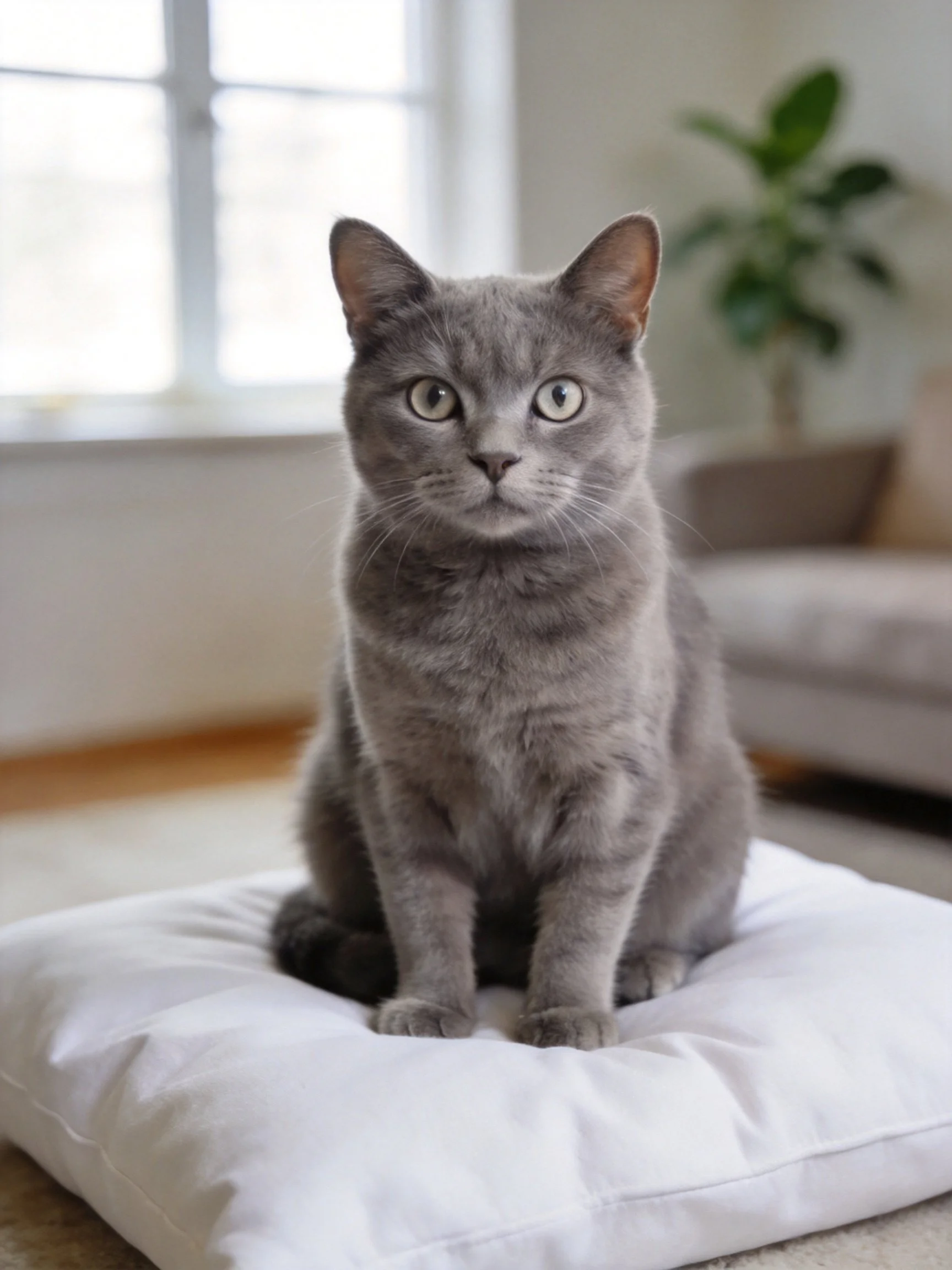 A gray cat sits on a white cushion in a sunlit living room
