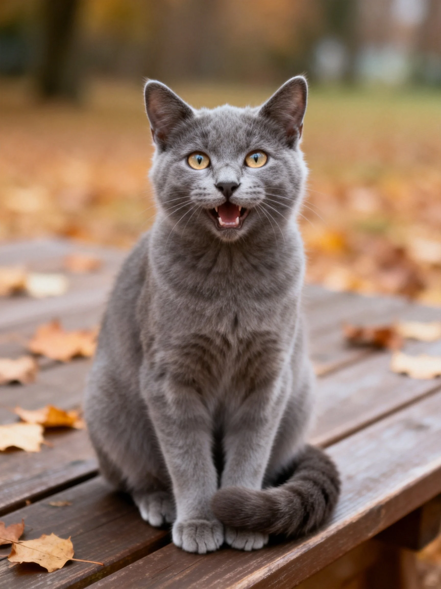 A gray cat sits on a wooden bench amid autumn leaves