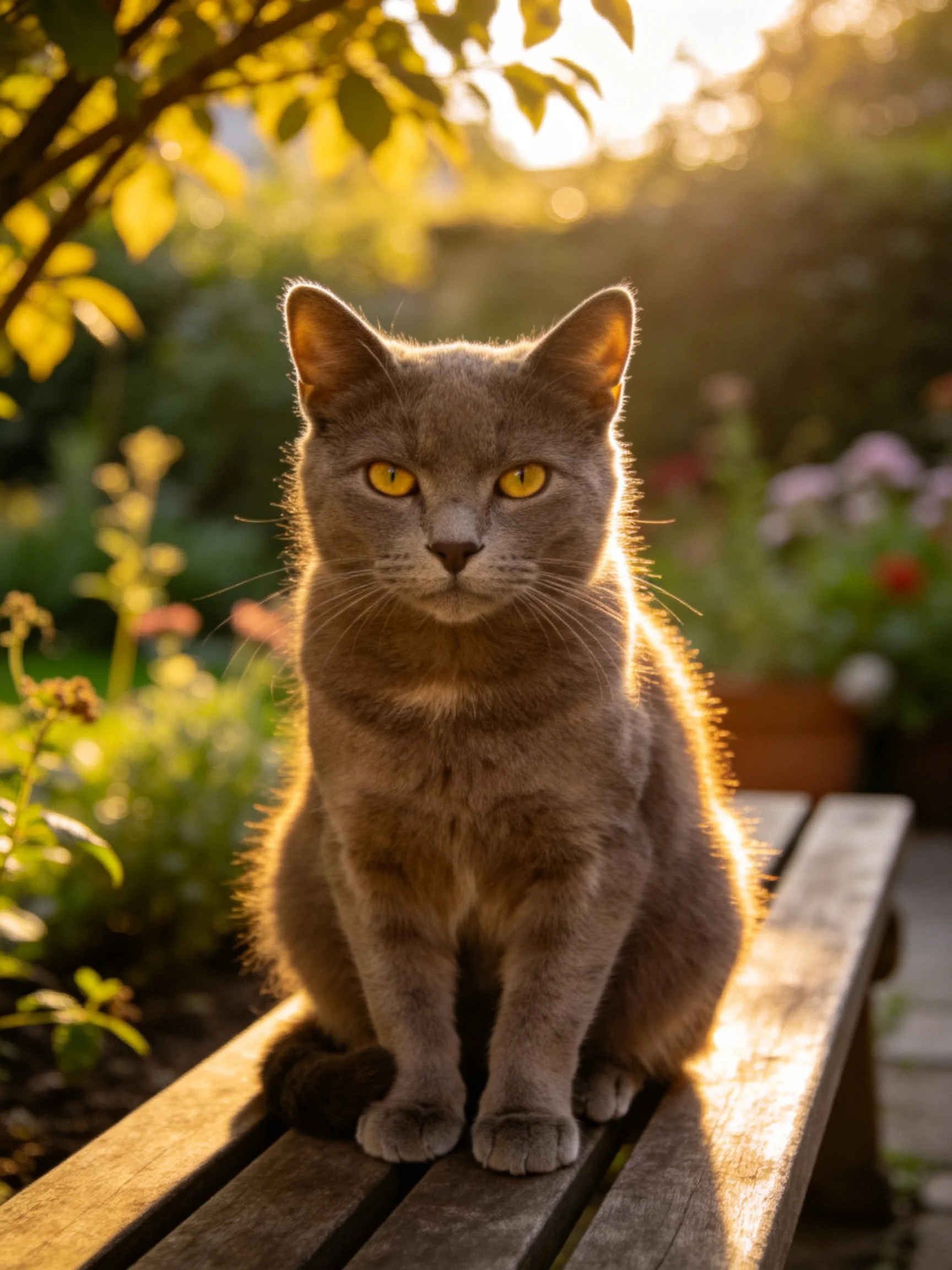 A gray cat sits on a wooden bench in a sun-drenched garden