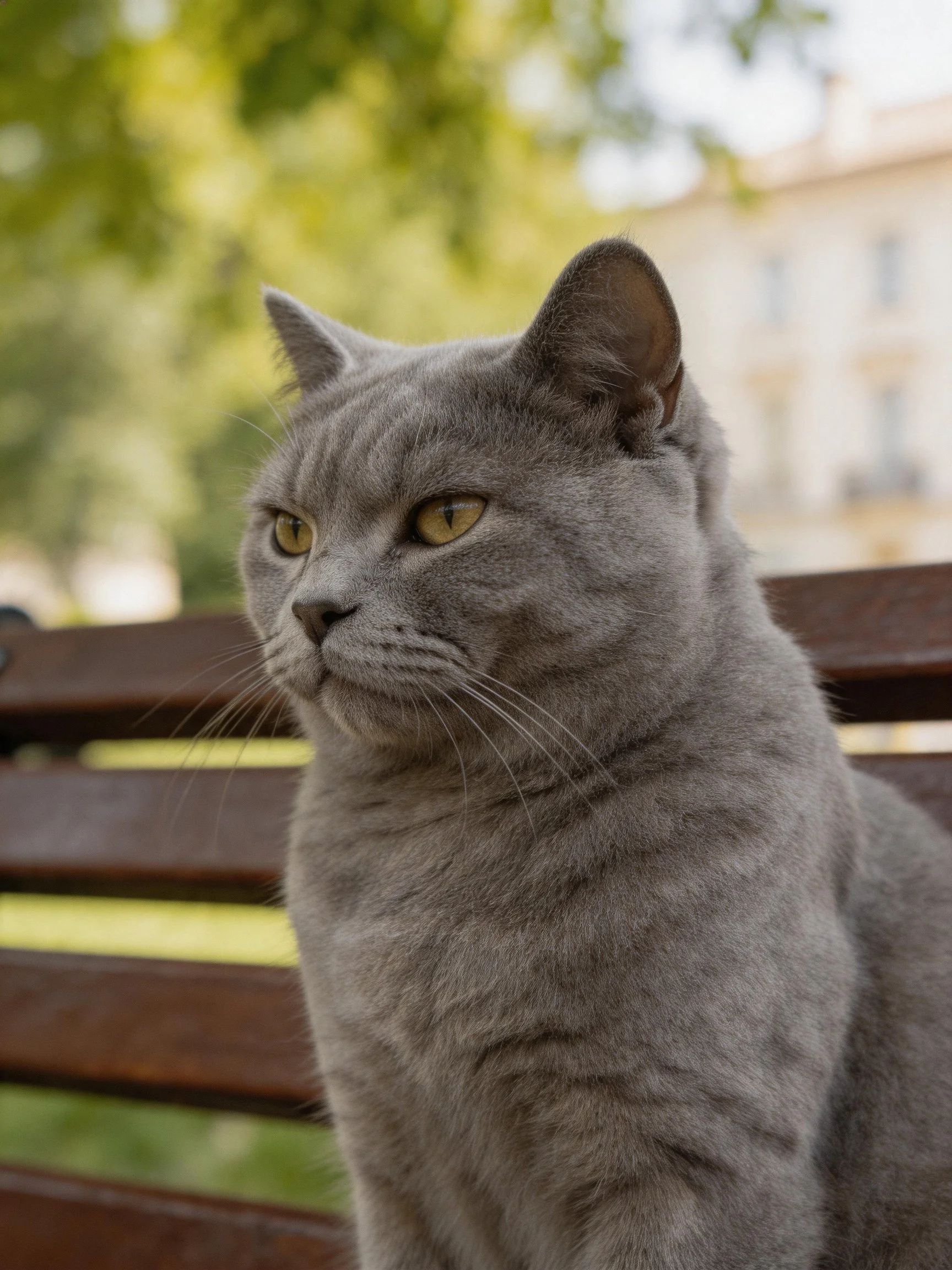A gray cat sits on a wooden bench outdoors