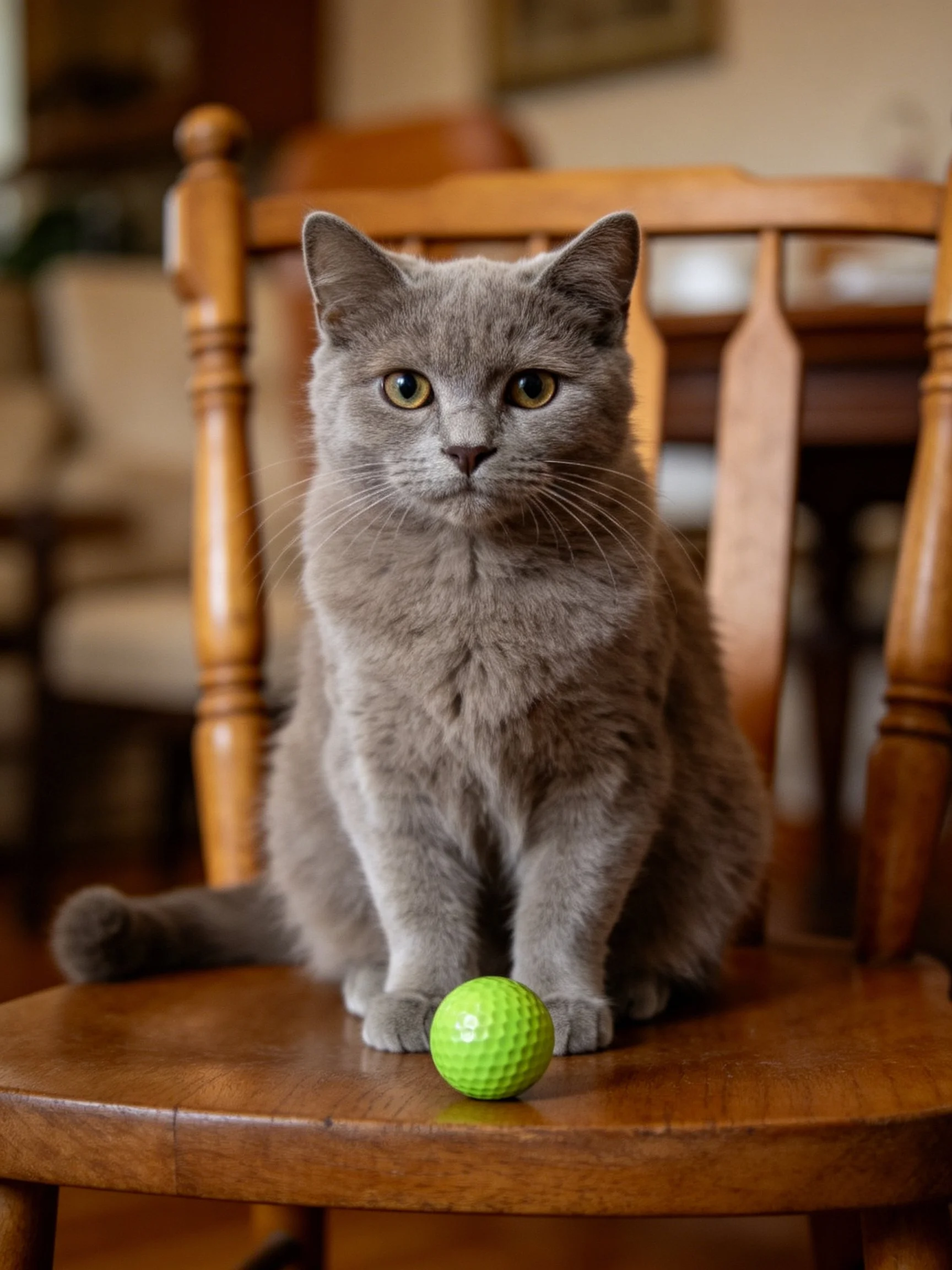 A gray cat sits on a wooden chair next to a bright green ball