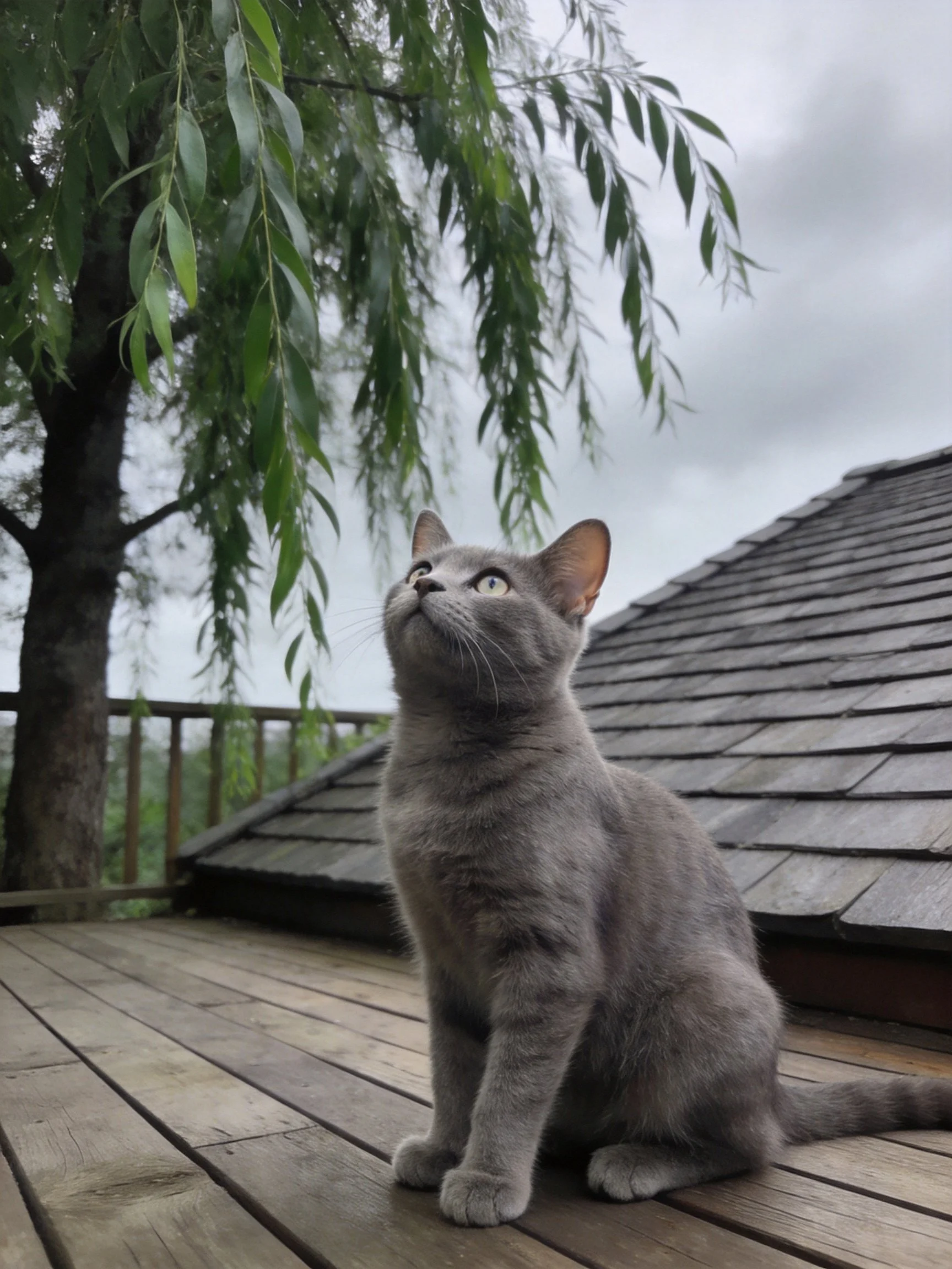 A gray cat sits on a wooden deck near a weeping willow