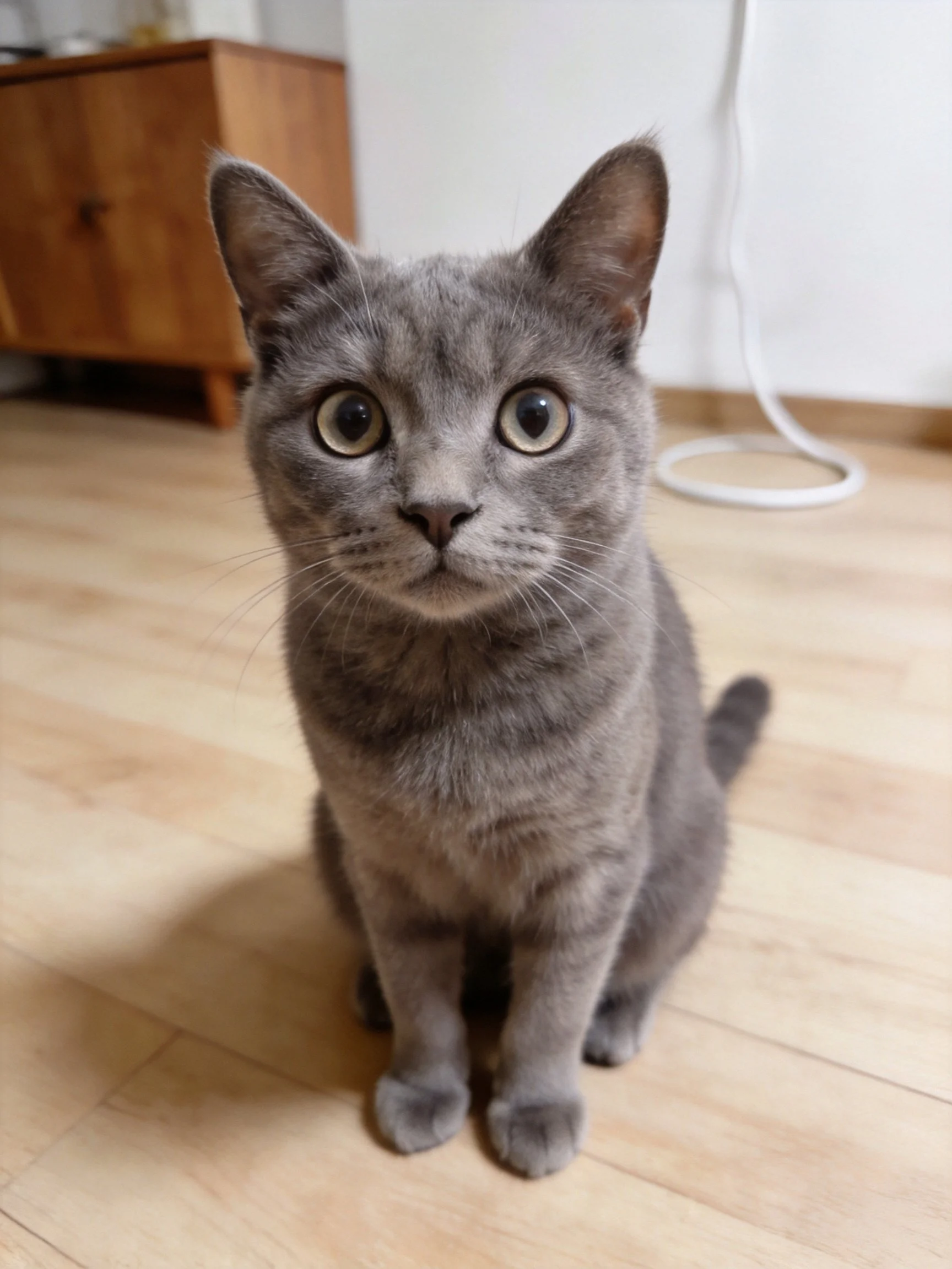 A gray cat sits on a wooden floor near furniture