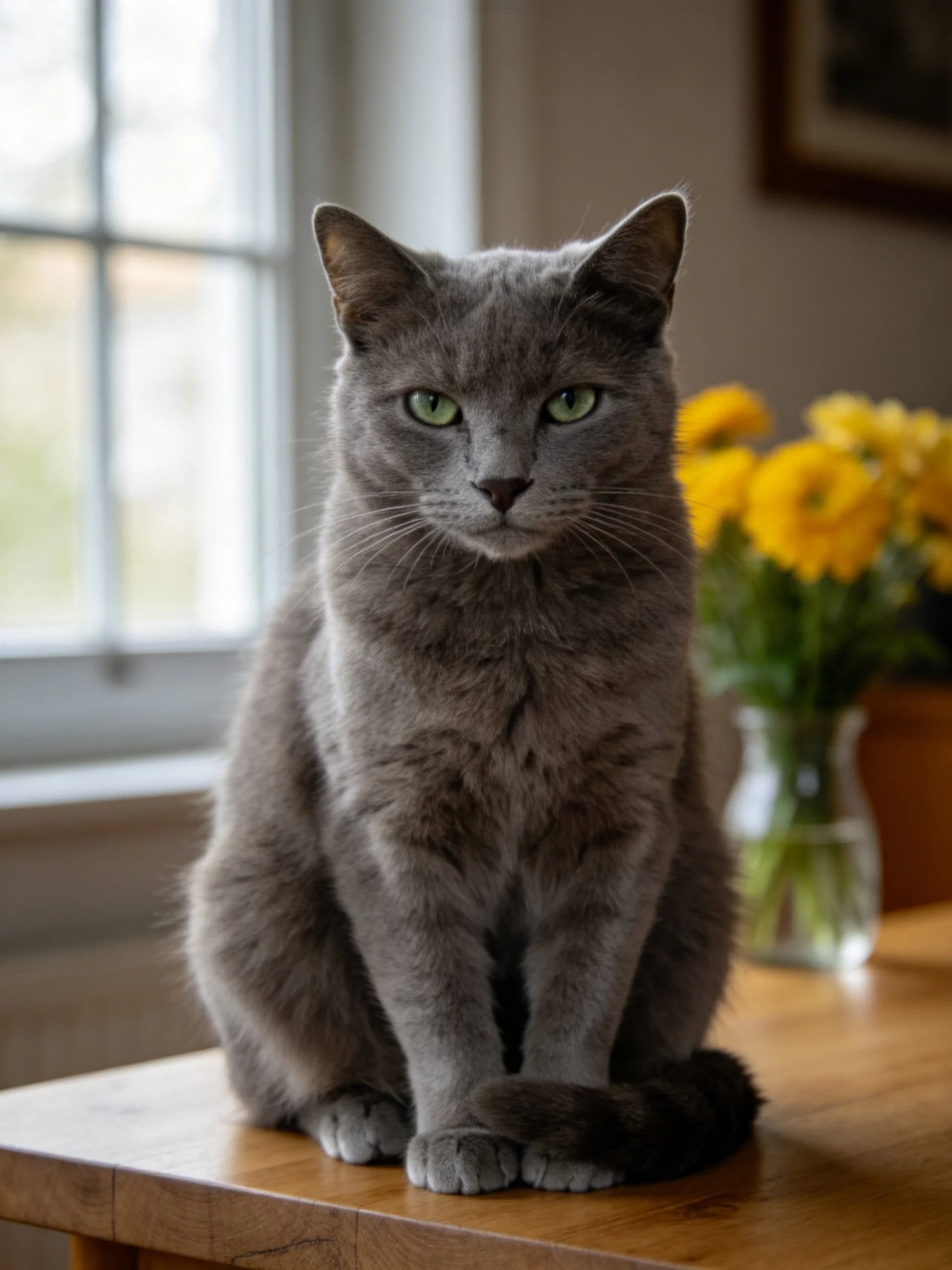 A gray cat sits on a wooden table near yellow flowers by a window.