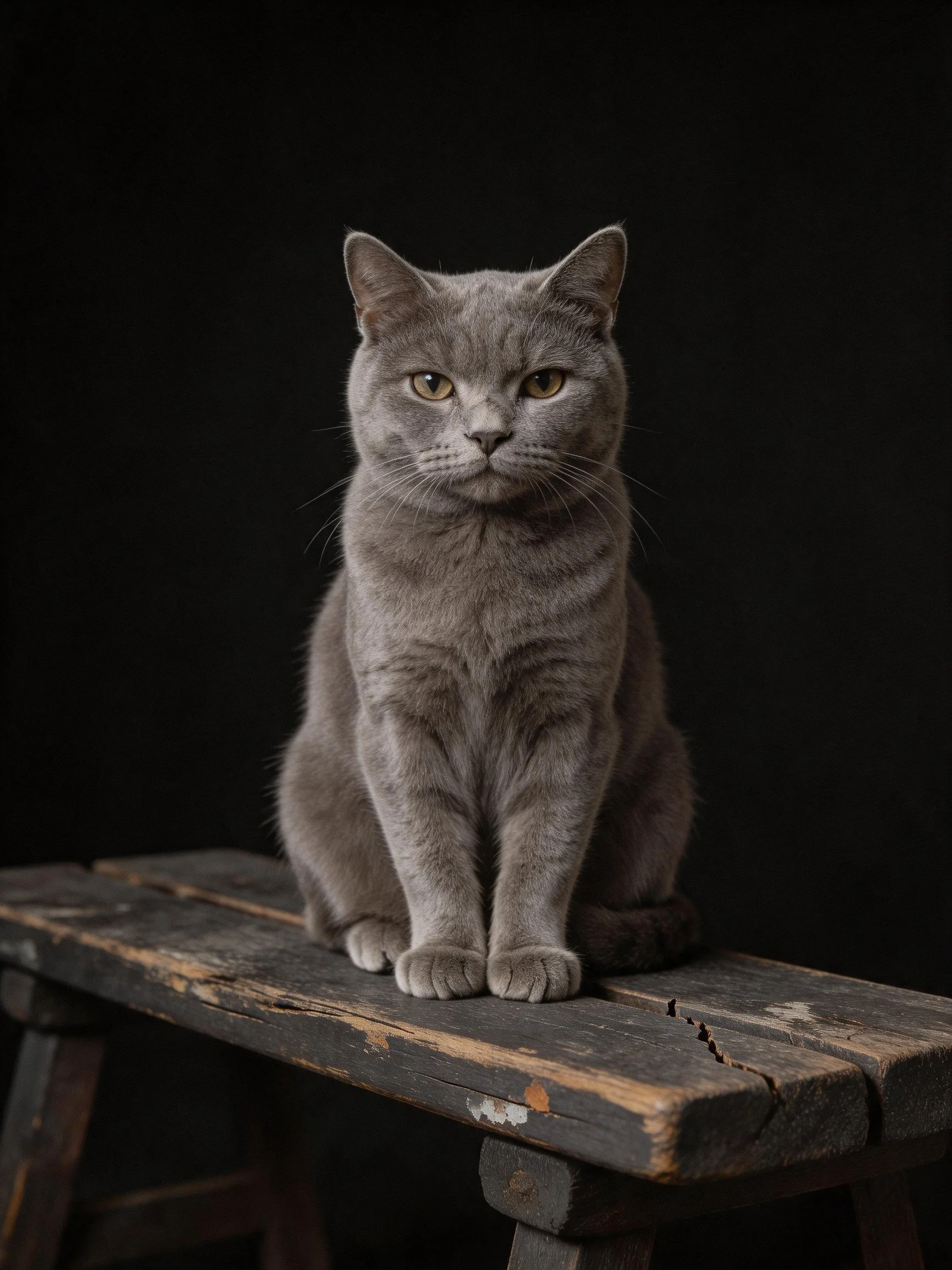 A gray cat sits calmly on anaged wooden surface with a dark backdrop.