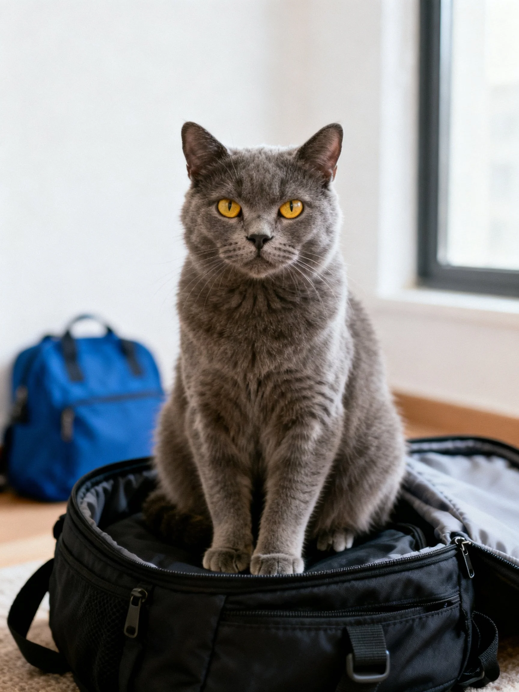 A gray cat sits on an open black suitcase with a blue bag in the background