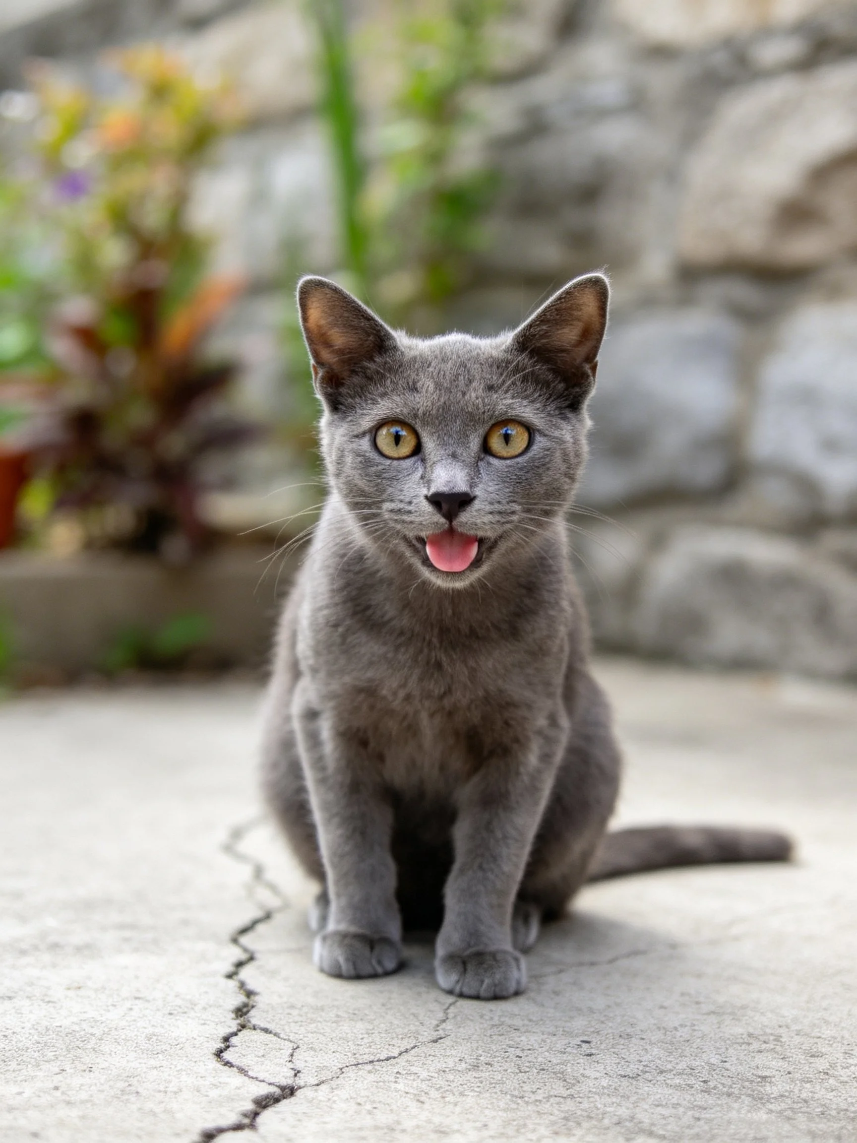 A gray cat sits on cracked pavement near a stone wall