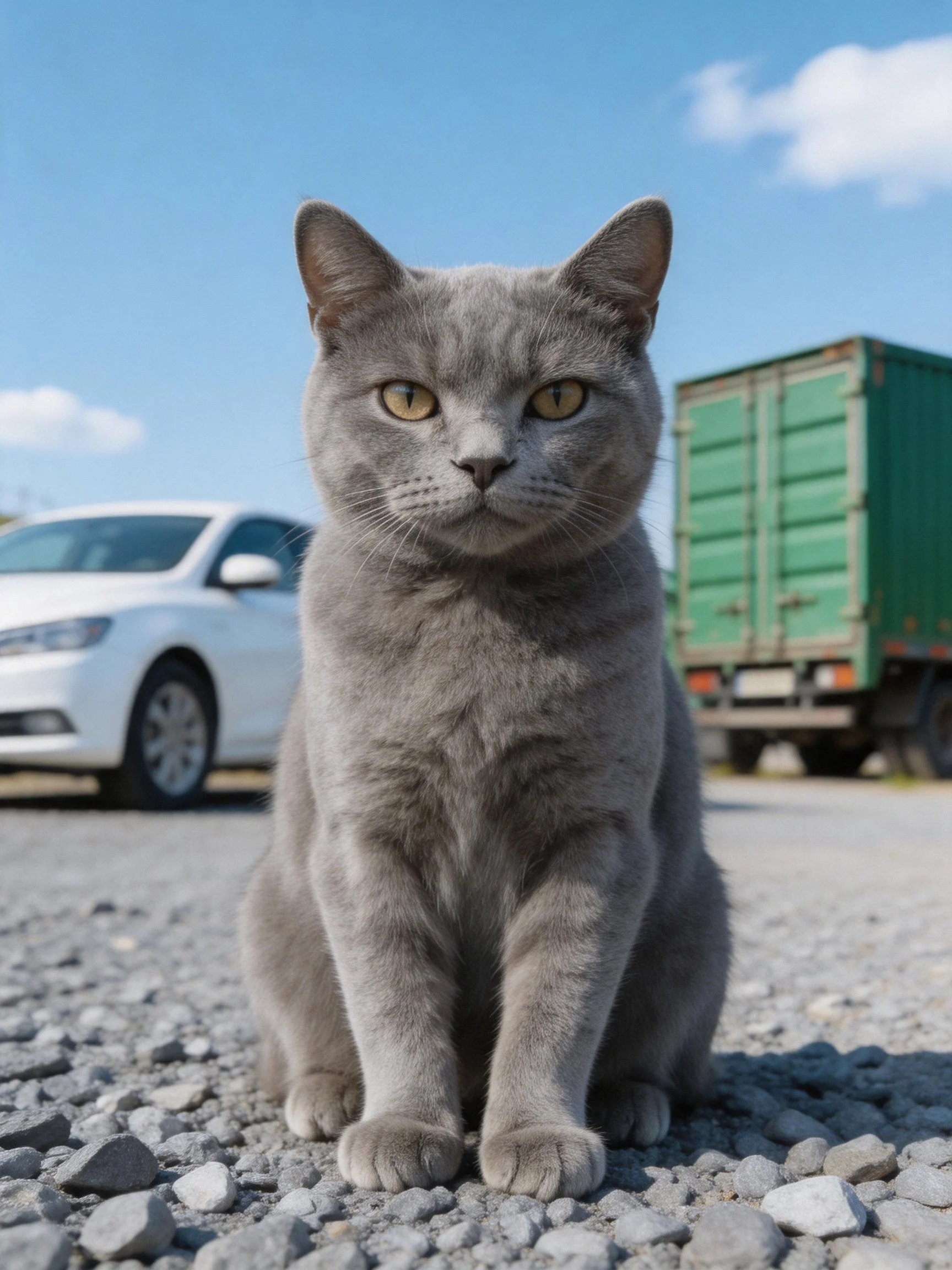 A gray cat sits on gravel near a white car and green truck