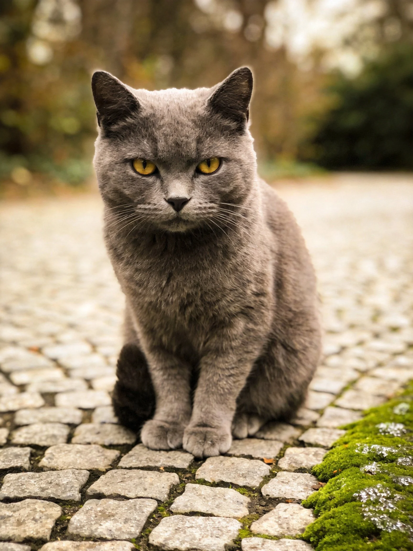 A gray cat sits on mossy cobblestones outdoors