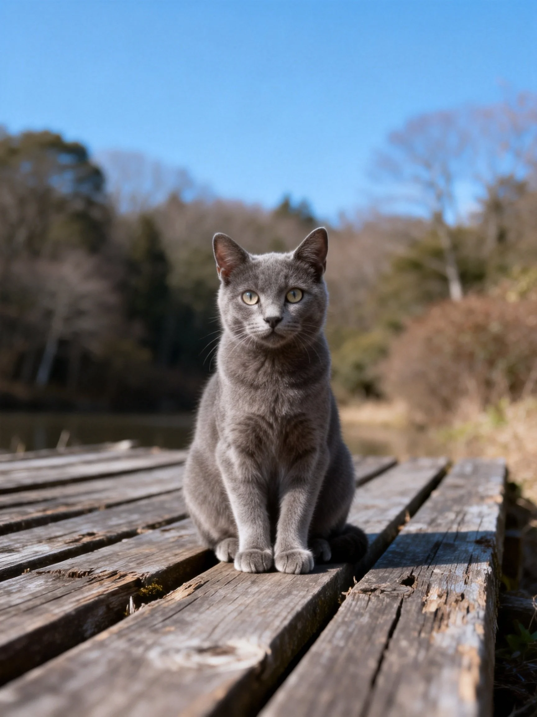 A gray cat sits calmly on a weathered wooden dock beside a tranquil body of water.