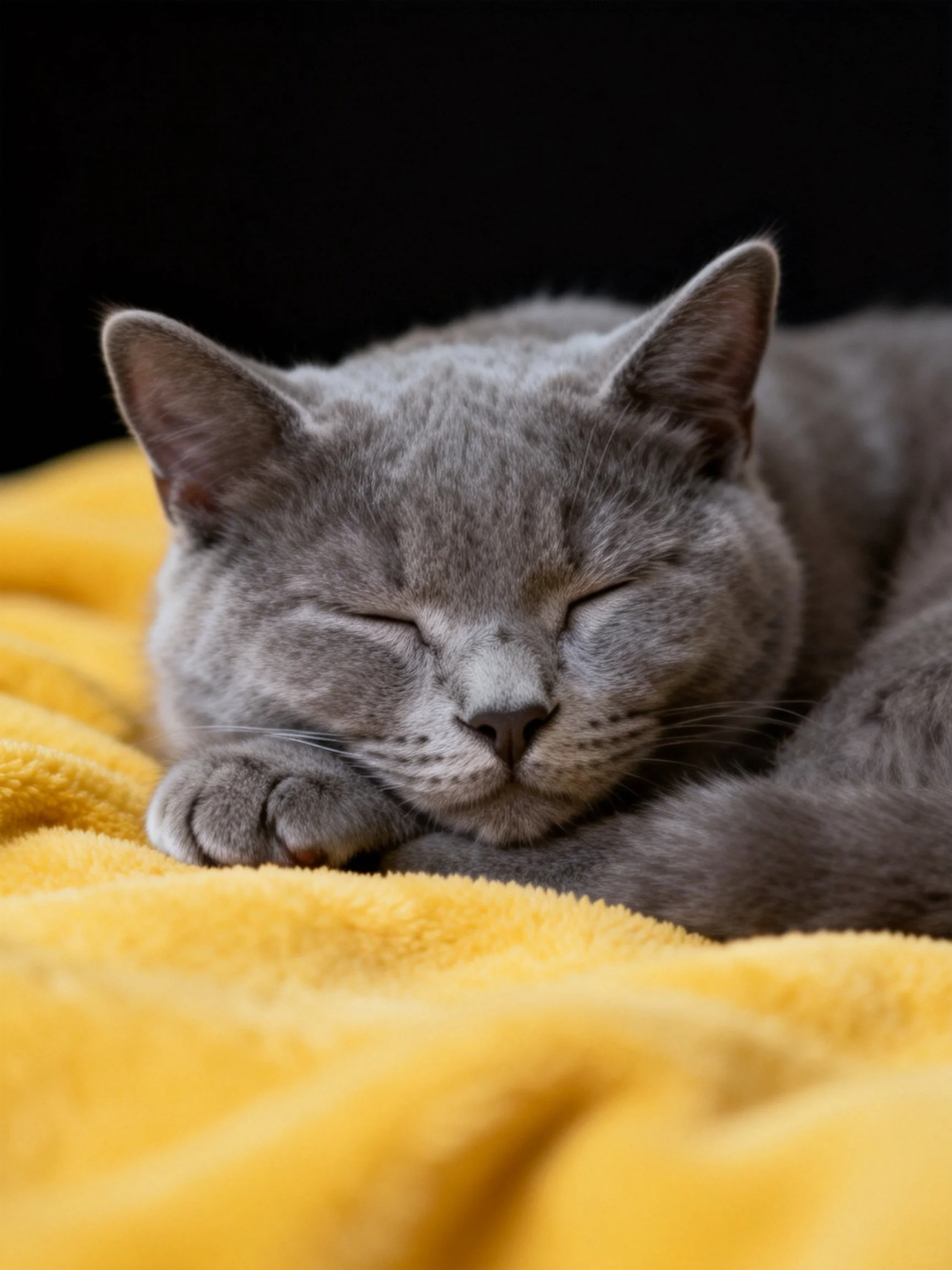 A gray cat sleeps on a yellow blanket with a dark background.
