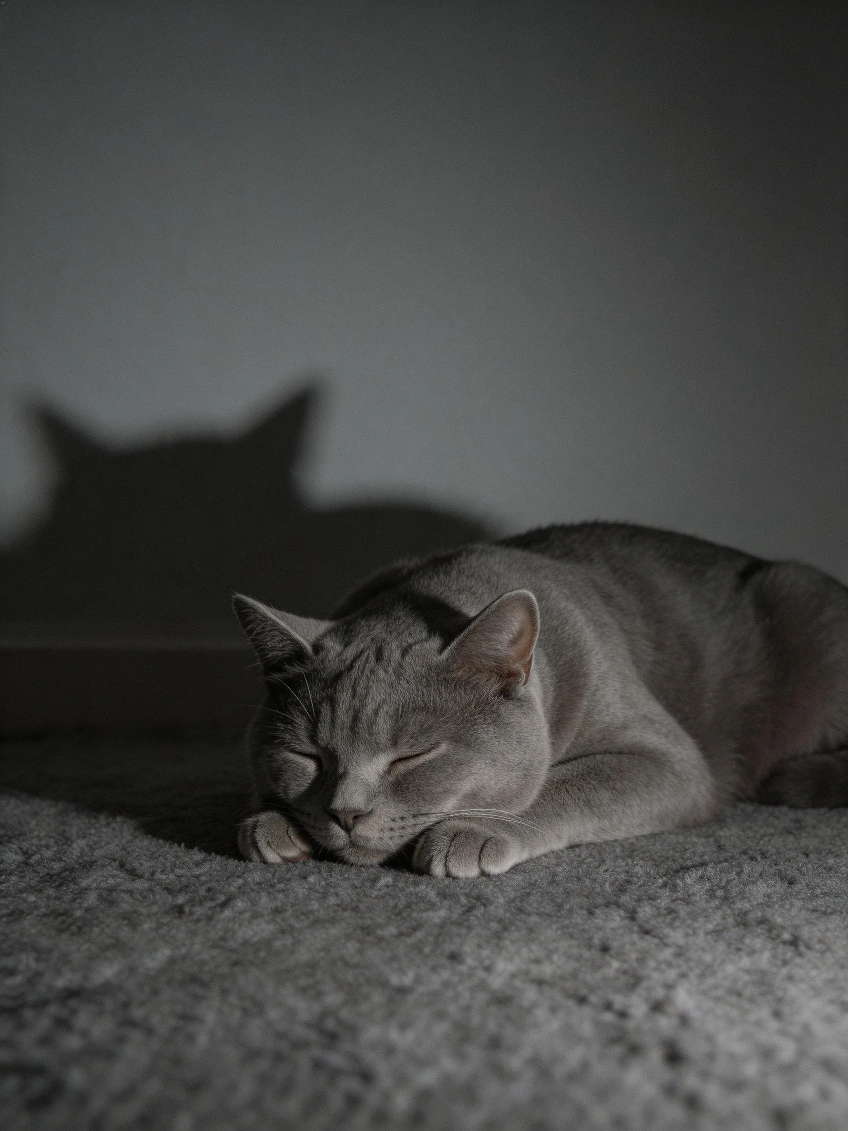 A gray cat sleeps peacefully beside its large dark shadow.