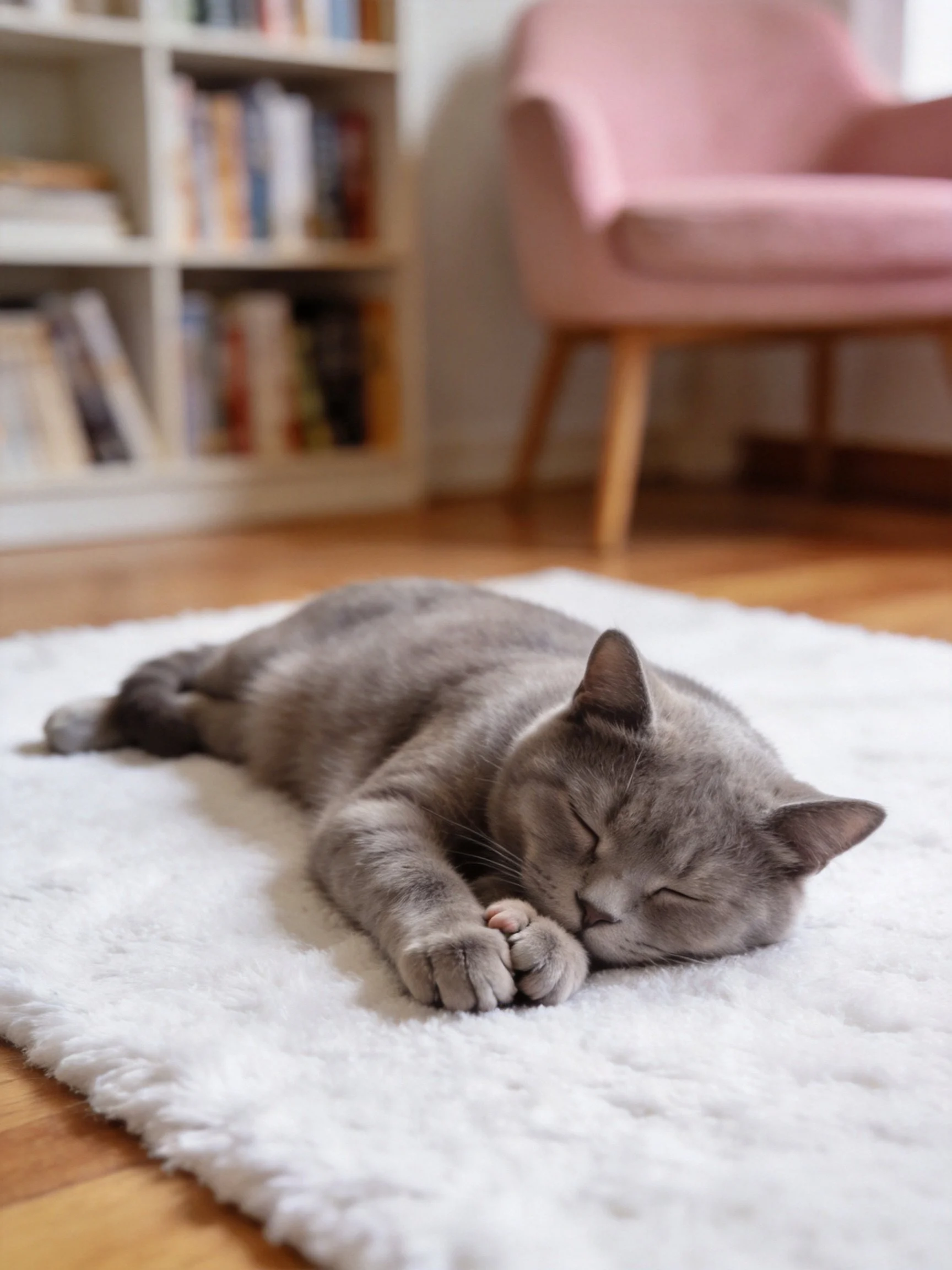A gray cat sleeps on a white rug near a pink chair