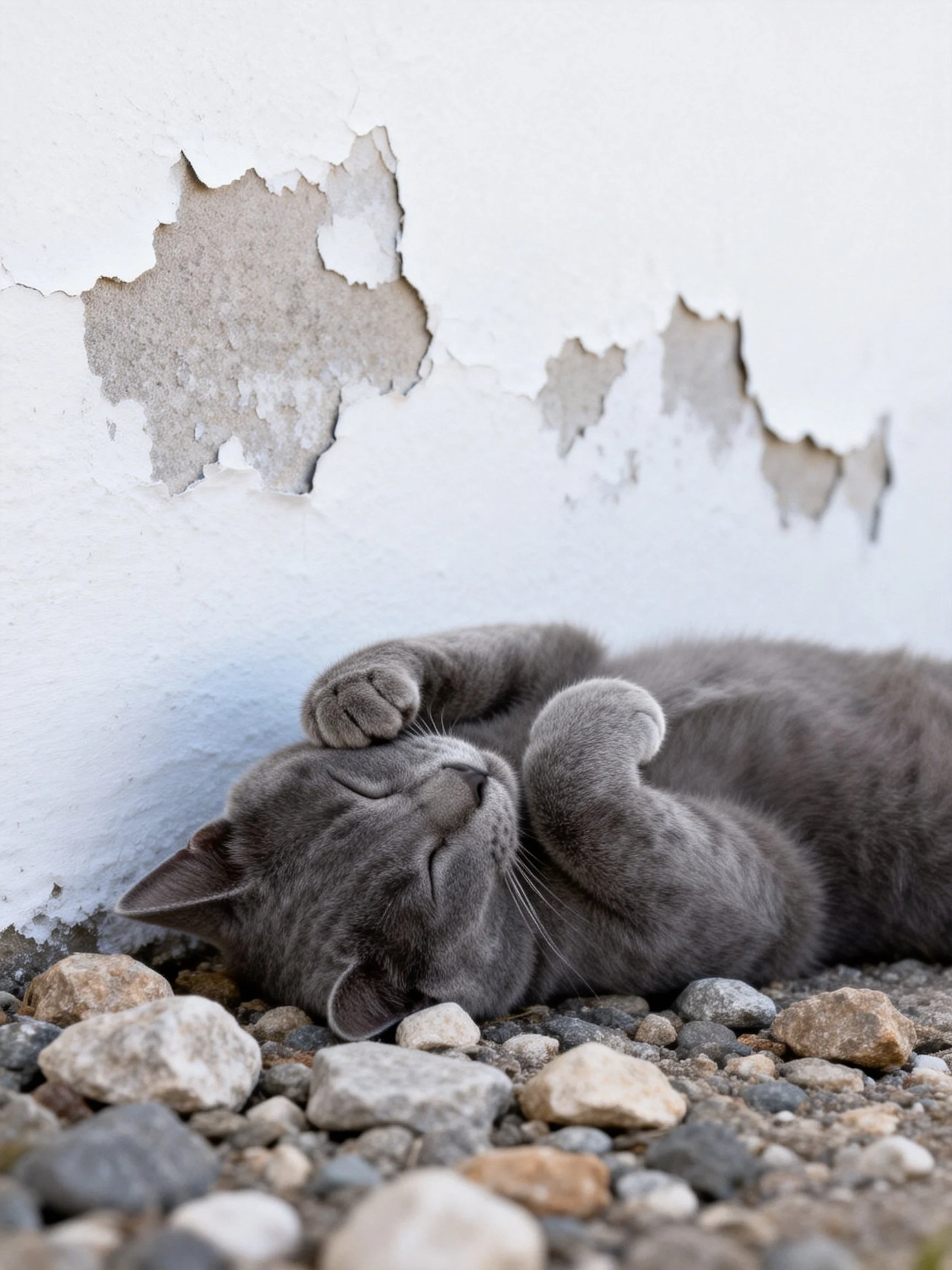 A gray cat sleeps on pebbles beside a peeling white wall