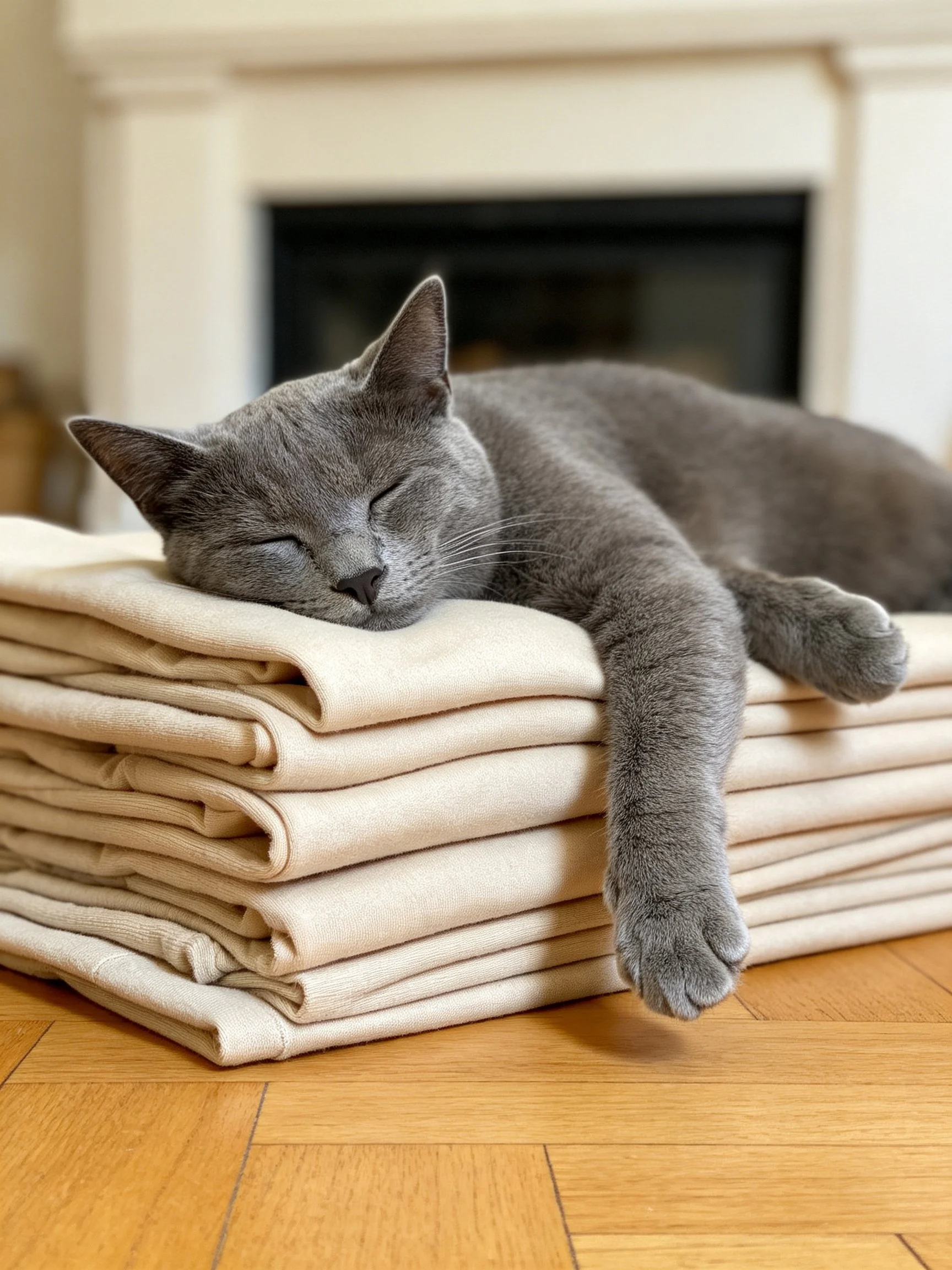 A gray cat sleeps on stacked beige towels near a fireplace