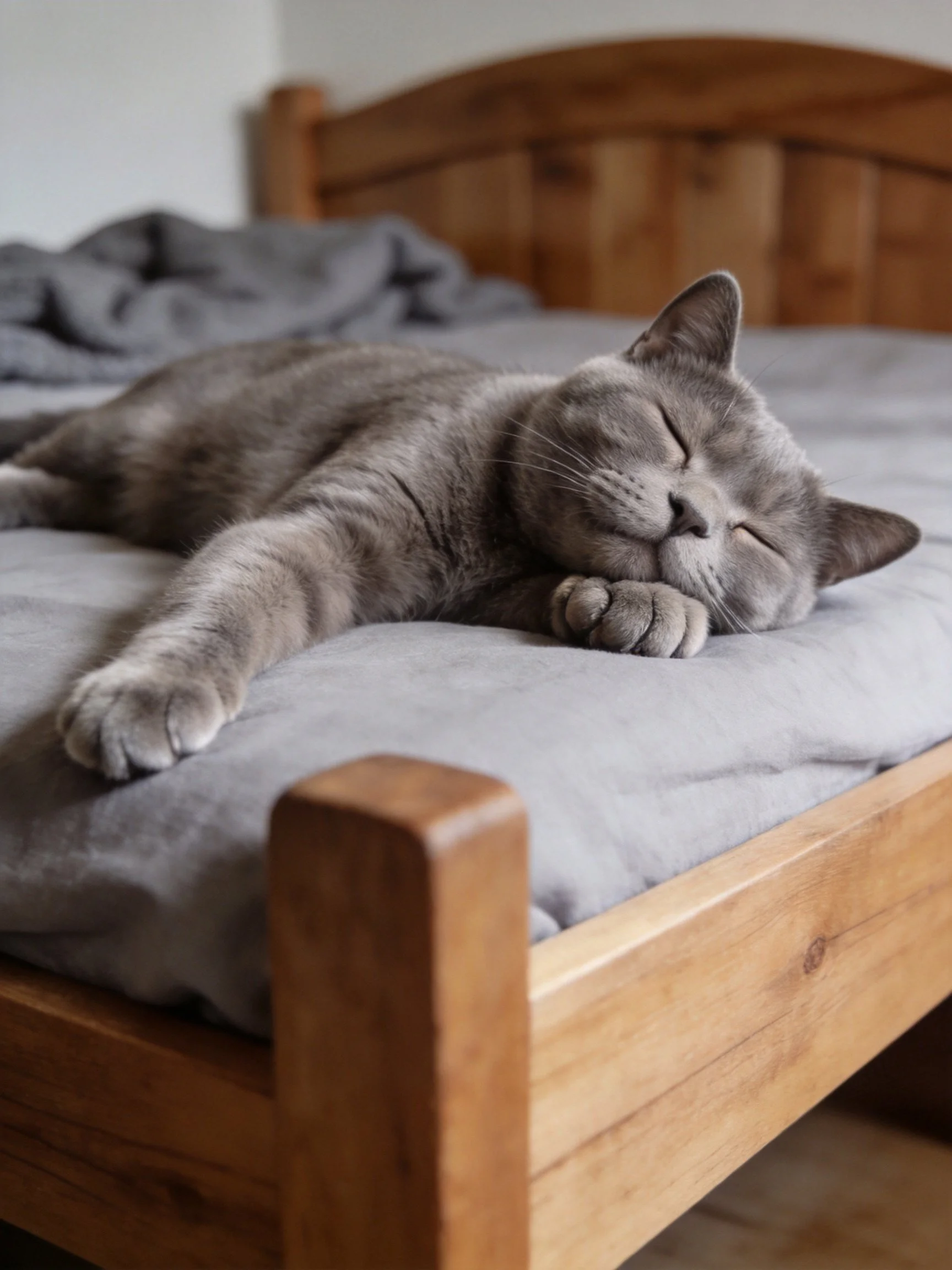 A gray cat sleeps peacefully on a wooden bed with matching gray sheets