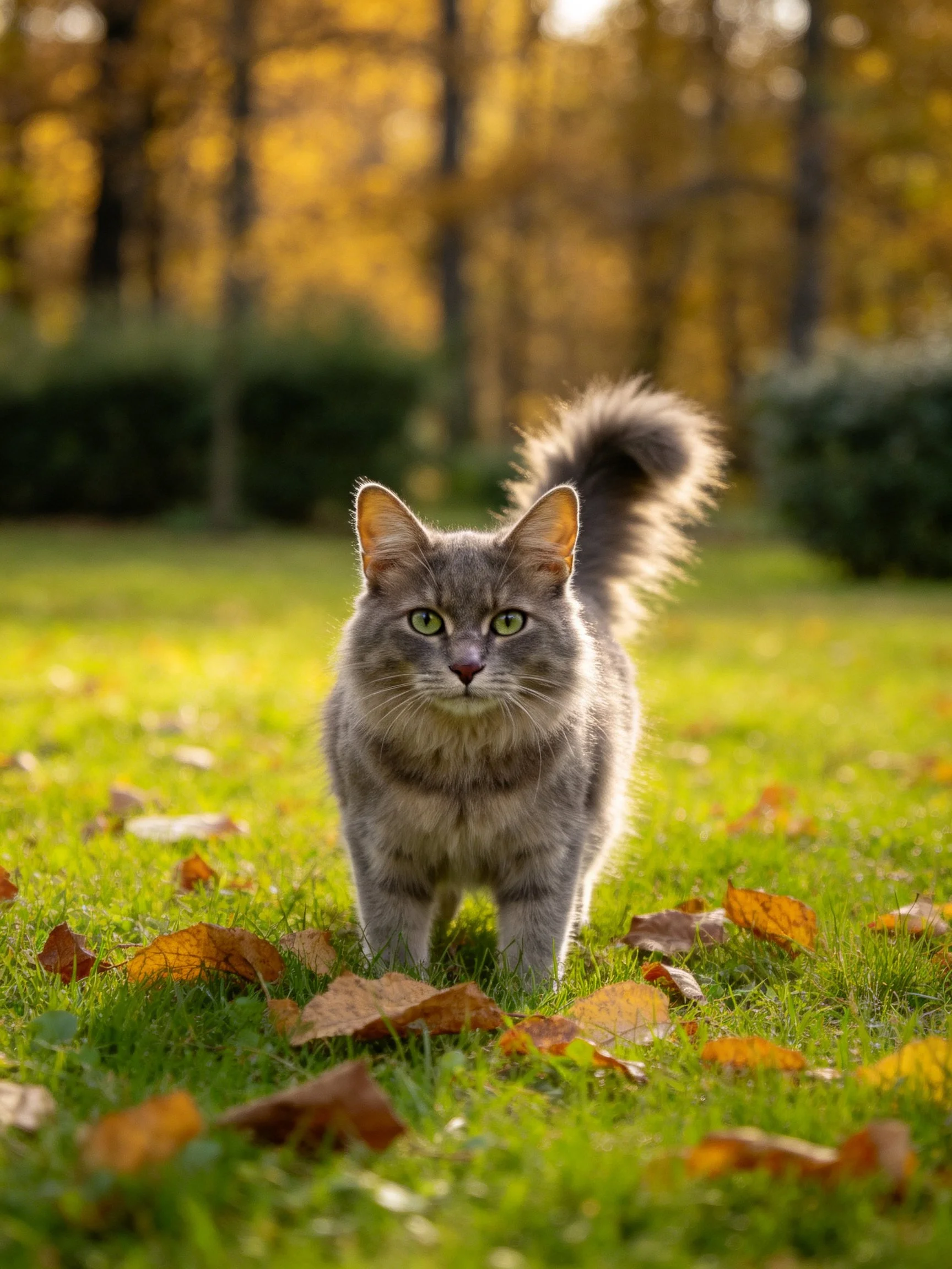 A gray cat stands amid fallen autumn leaves in a sunlit park