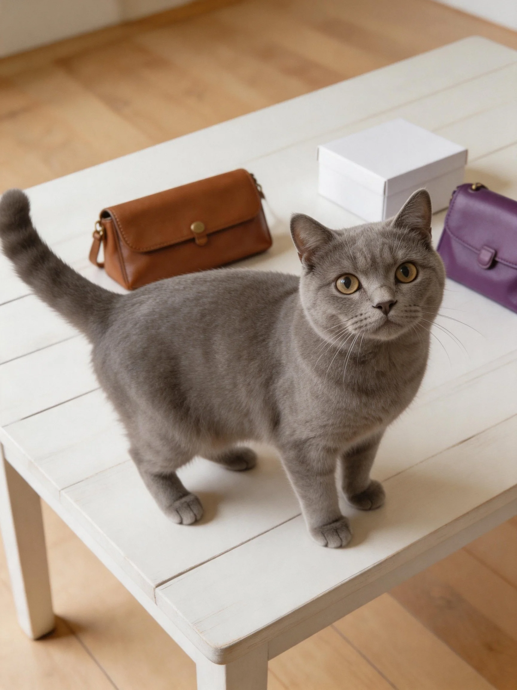 A gray cat stands on a white table with handbags nearby.