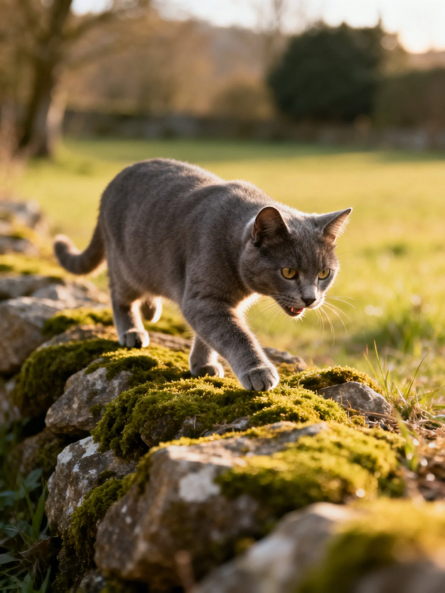 A gray cat traverses moss-covered stone wall in natural light