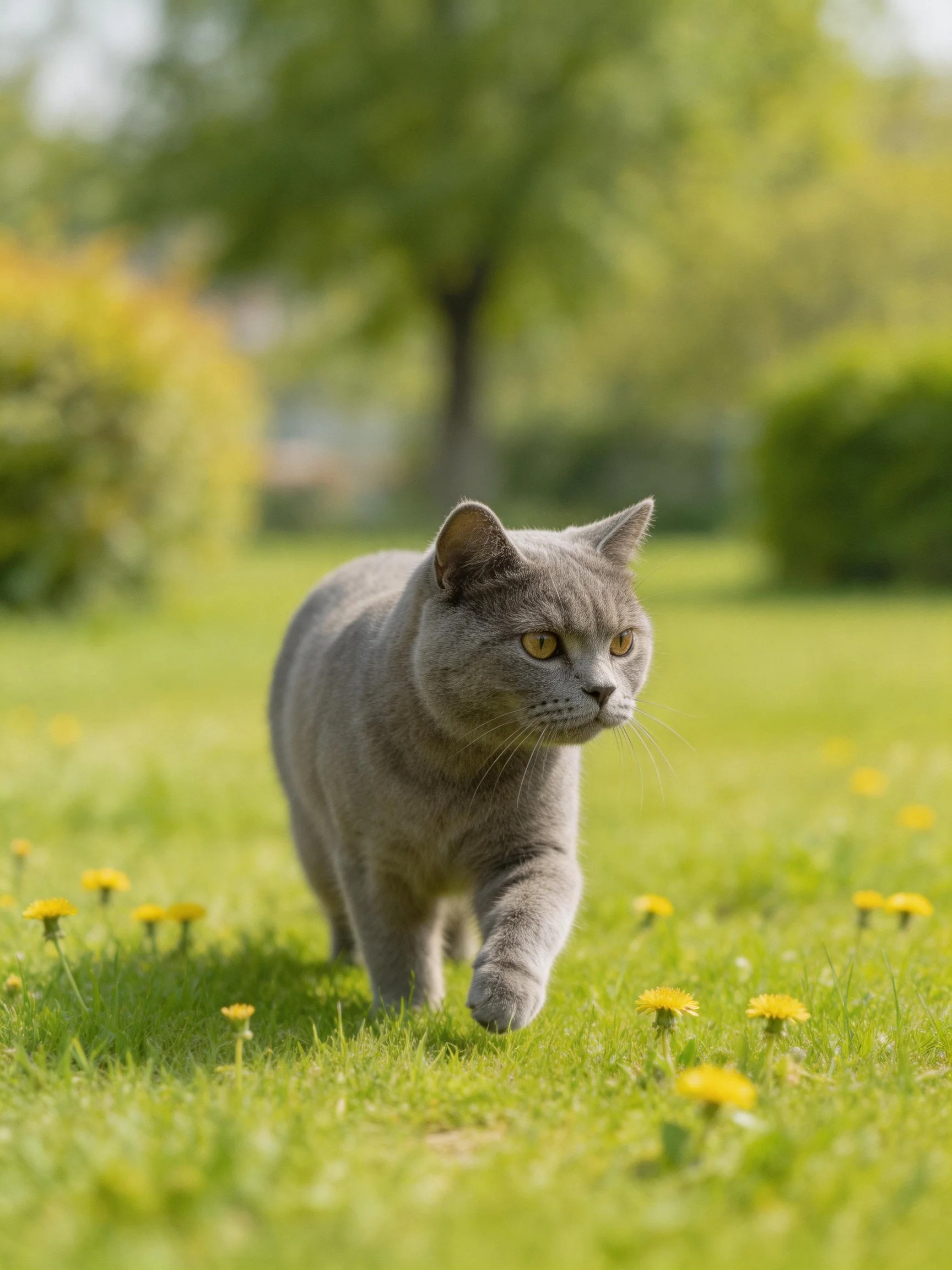 A gray cat walking through a grassy field with yellow flowers