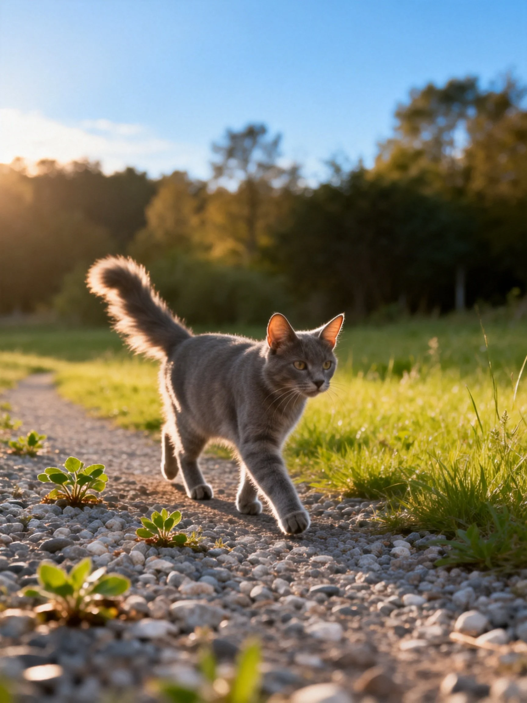A gray cat walks along a gravel path in golden sunlight