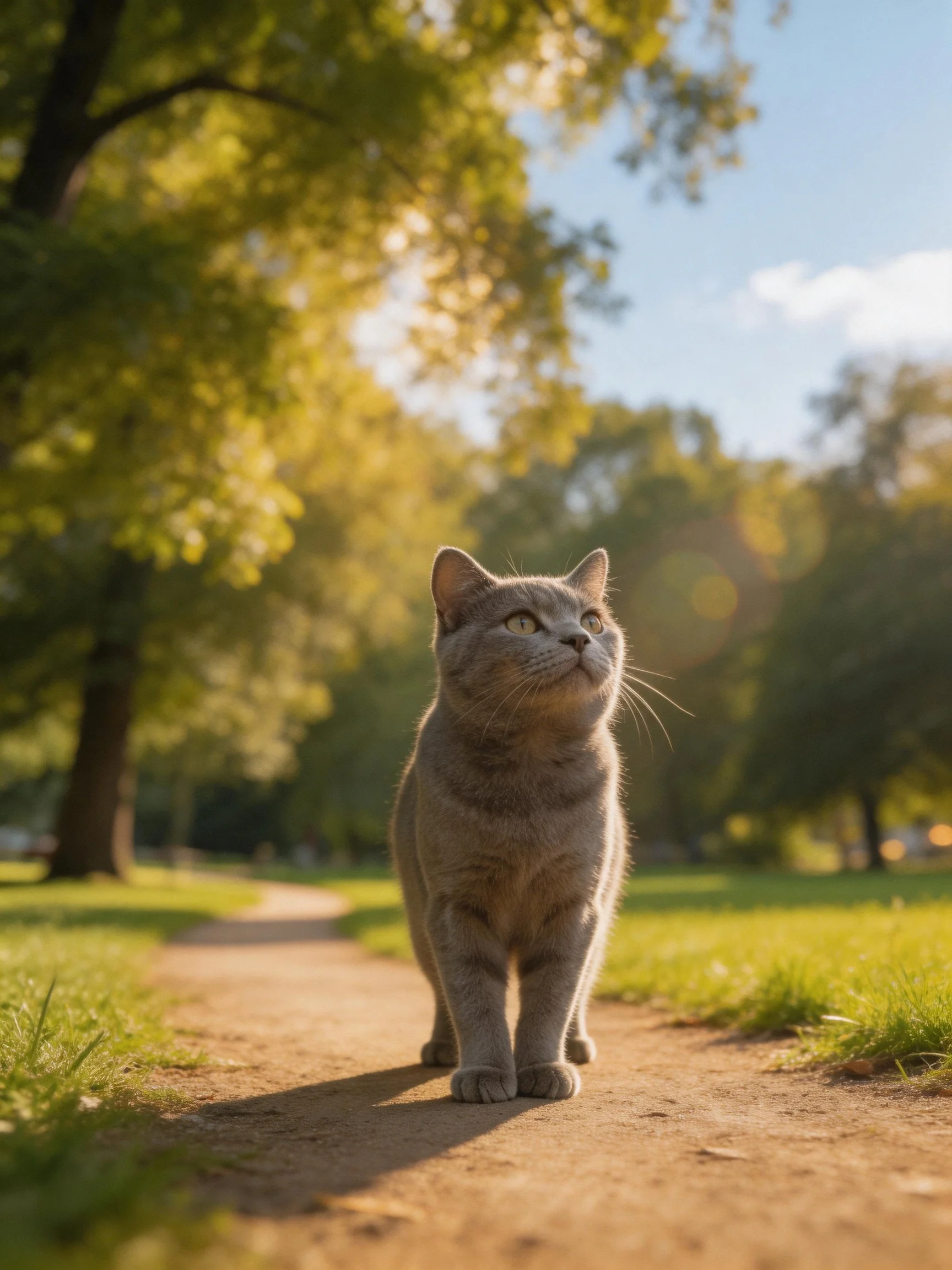 A gray cat walks along a sun-dappled dirt path in a lush park