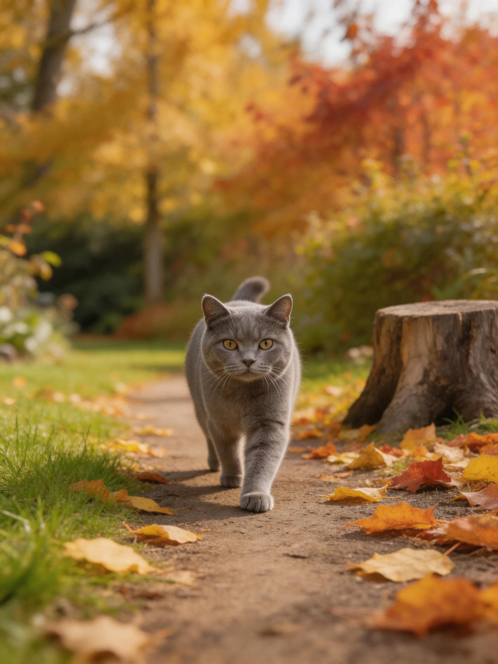 A gray cat traverses a leaf-littered path amid a vibrant autumn landscape.