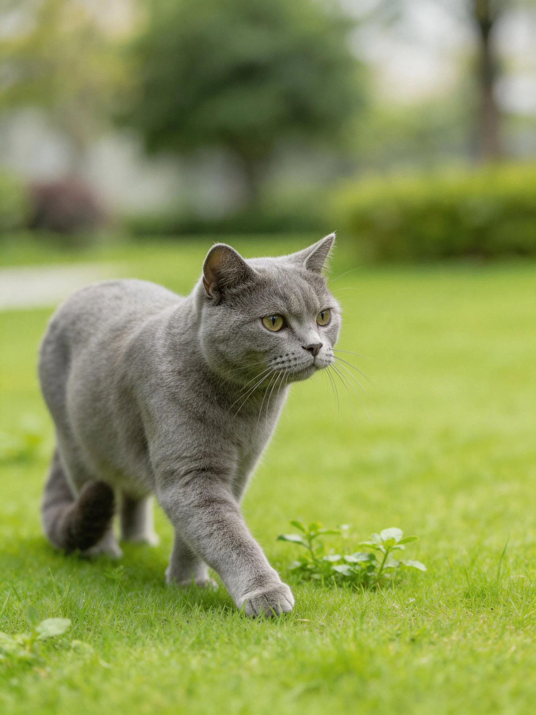 A gray cat walks gracefully on vibrant green grass