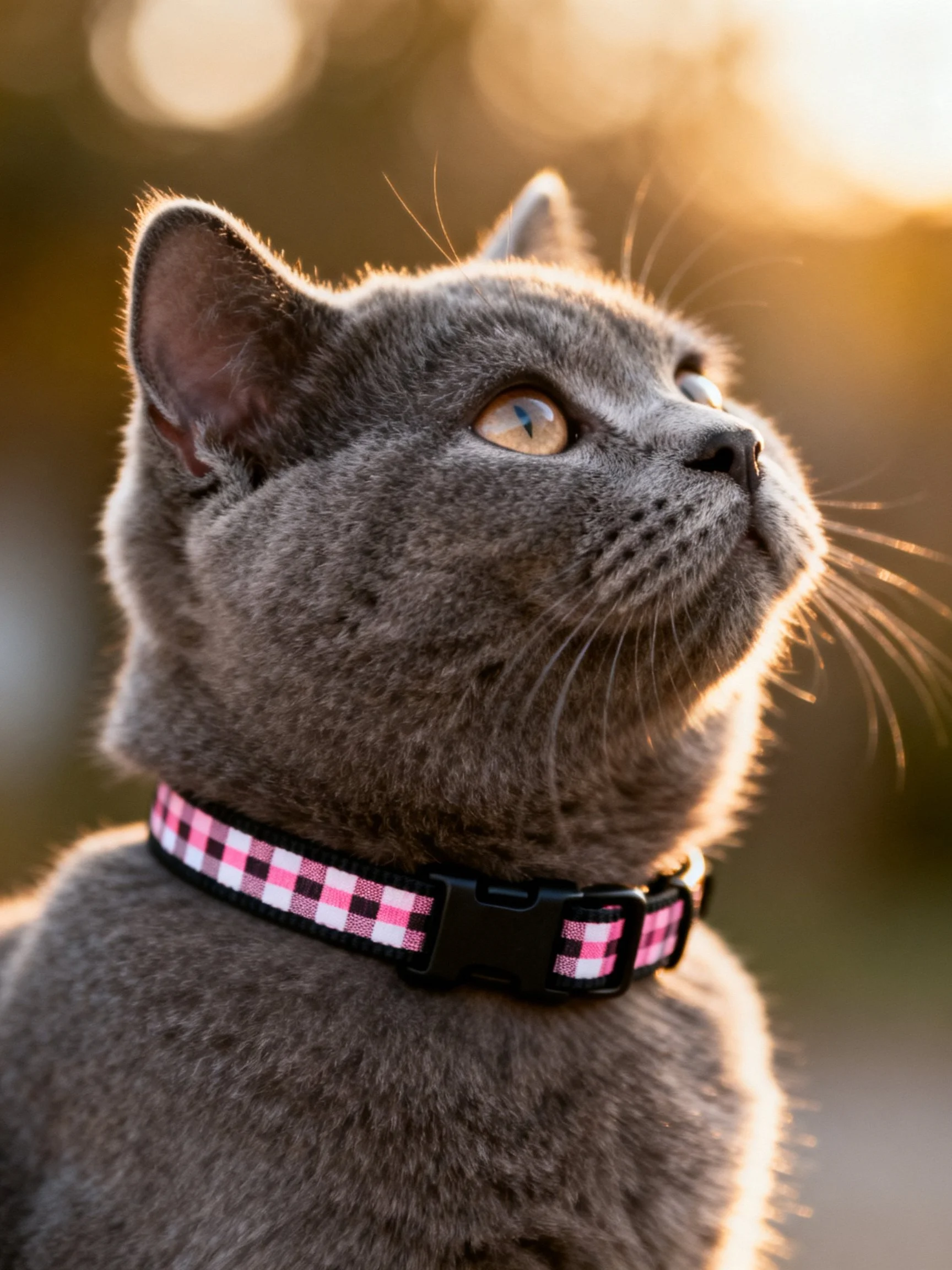 A gray cat with a pink and white checkered collar looks upward in an outdoor setting.