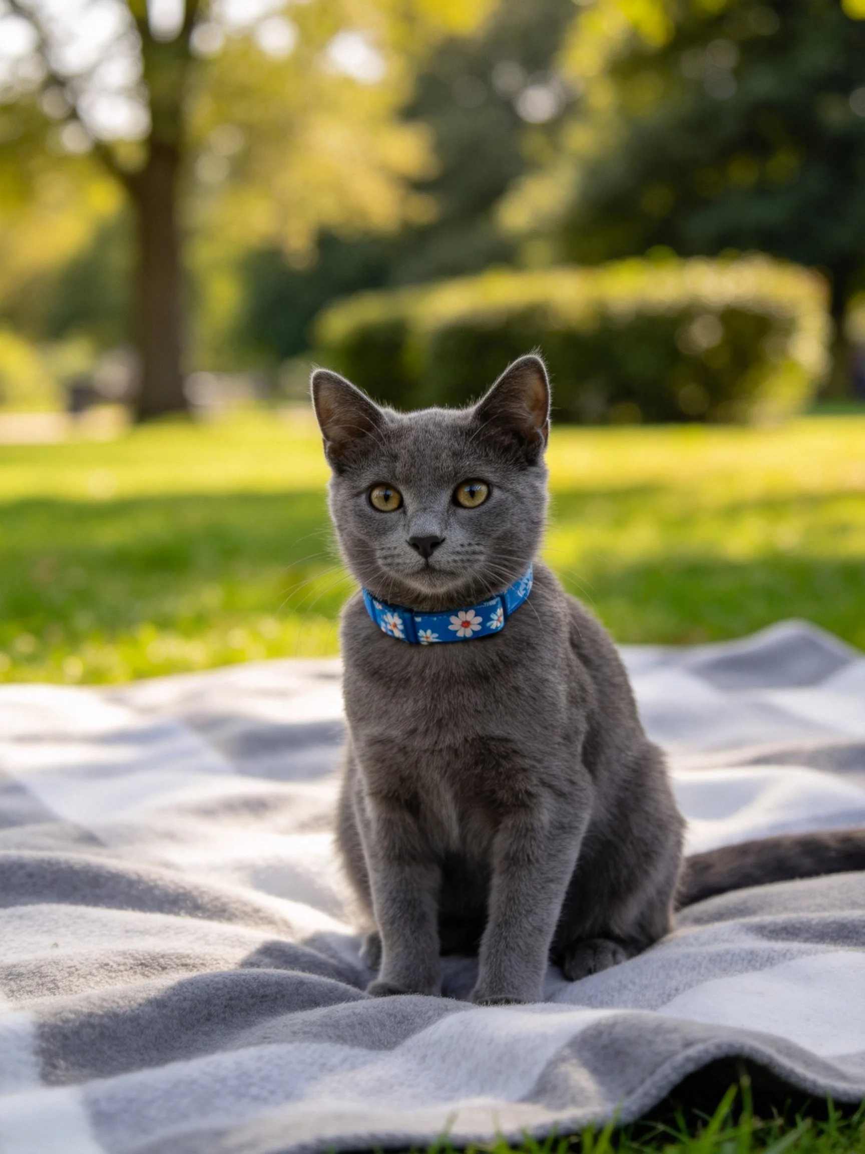 A gray cat with a blue floral collar sits on a checkered blanket in a sunlit park
