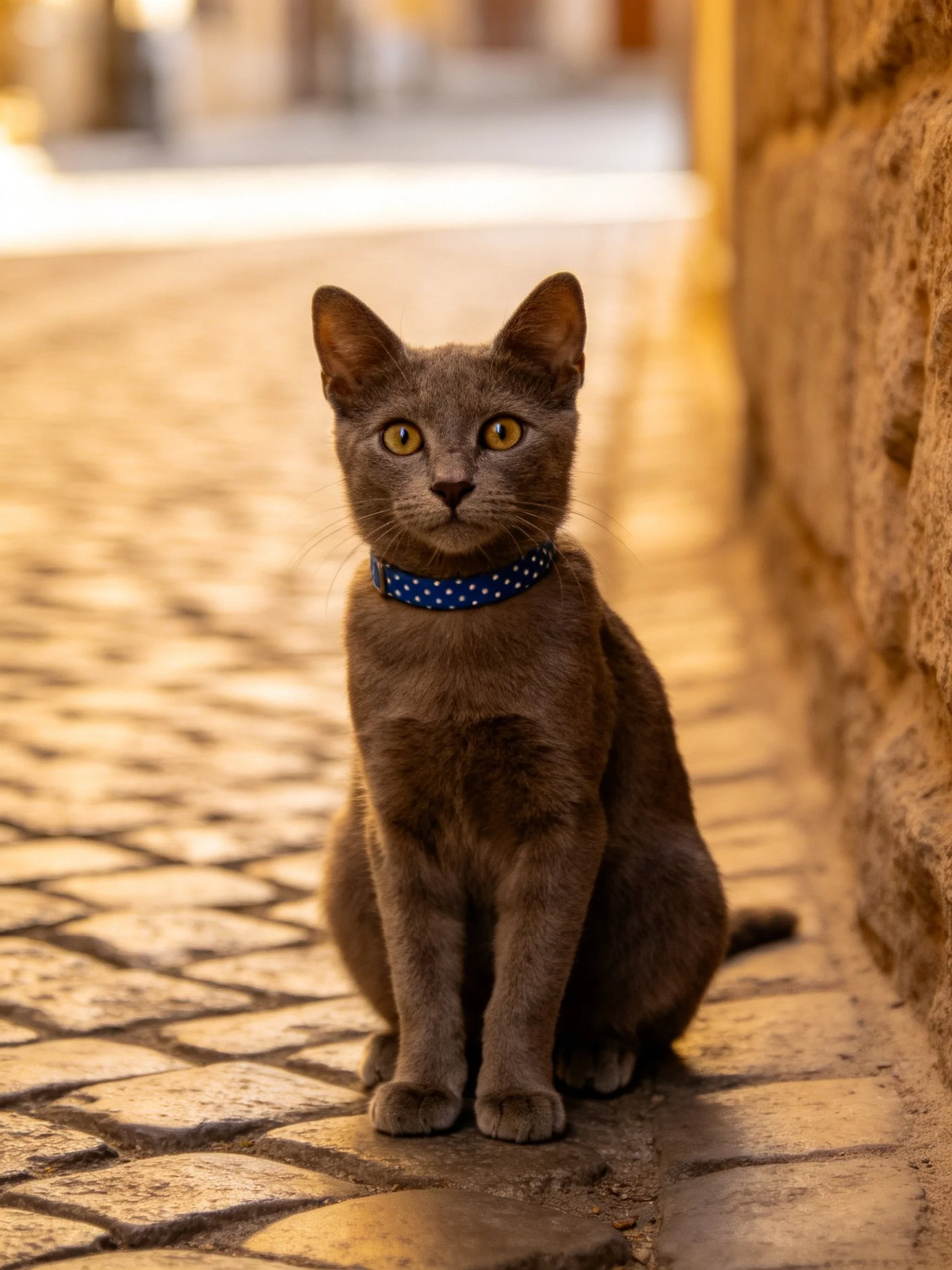 A gray cat with a blue polka dot collar sits on a cobblestone street
