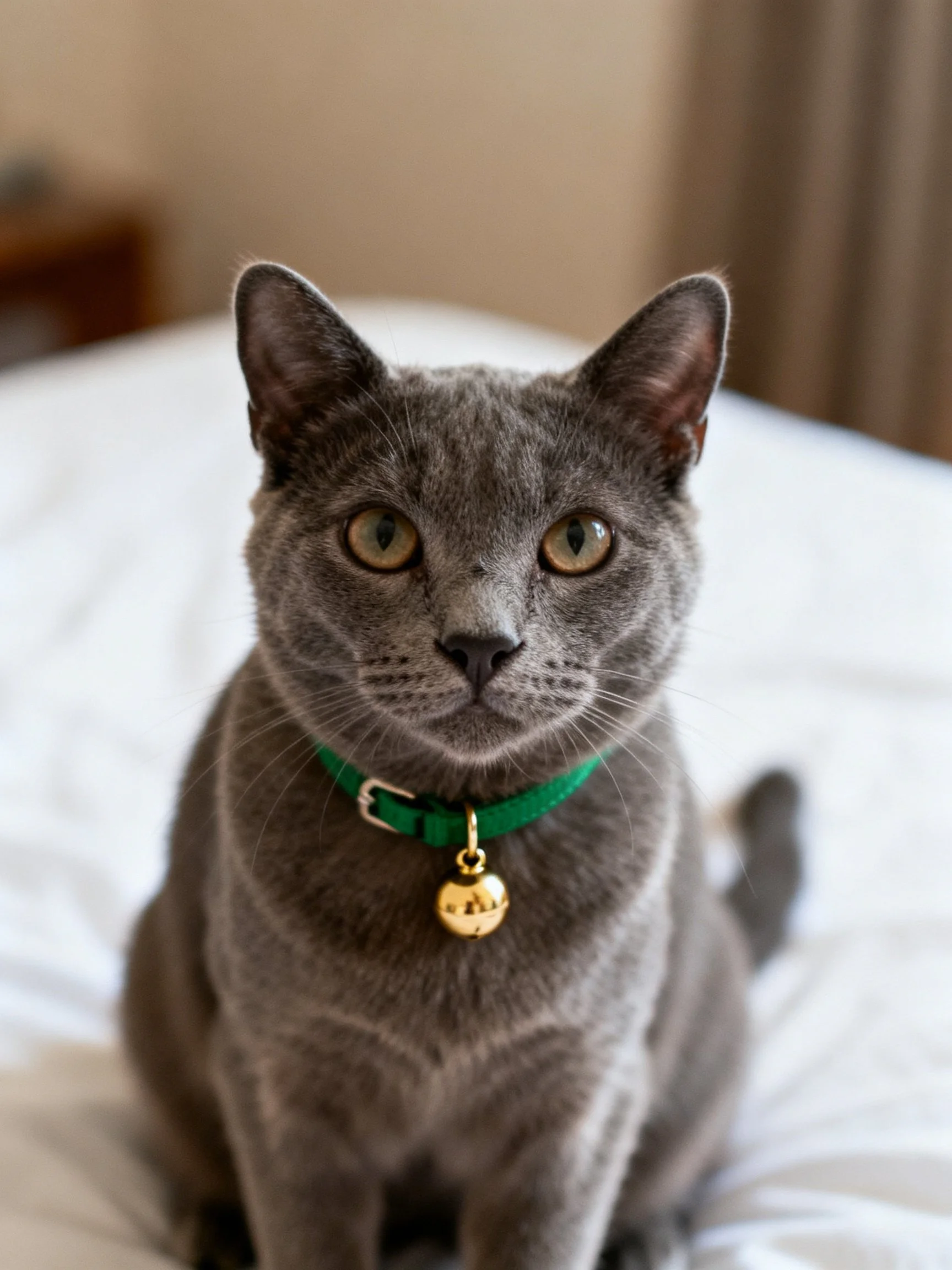 A gray cat with a green collar sits calmly on a white bed.