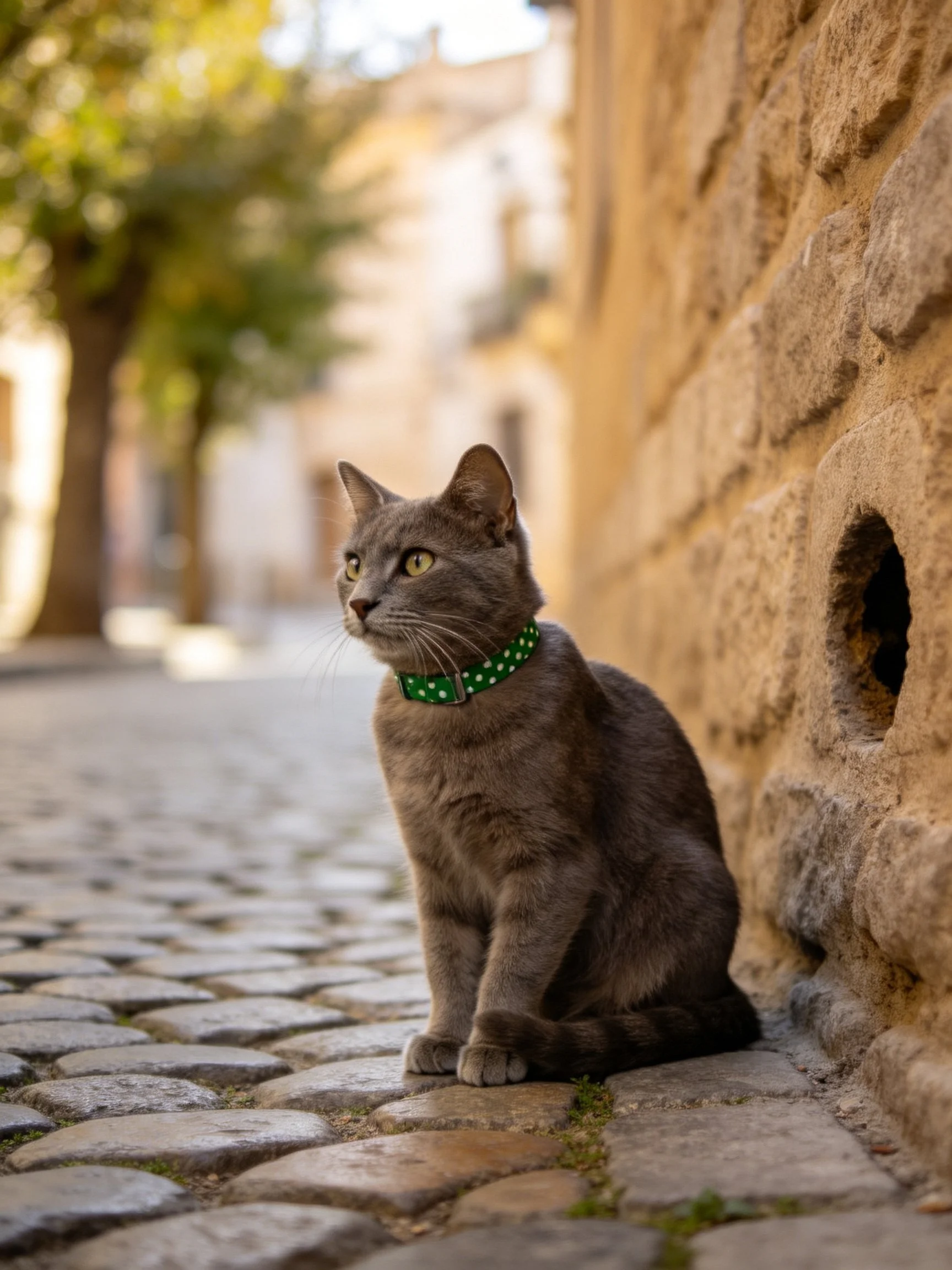 A gray cat with a green polka-dot collar sits by a stone wall