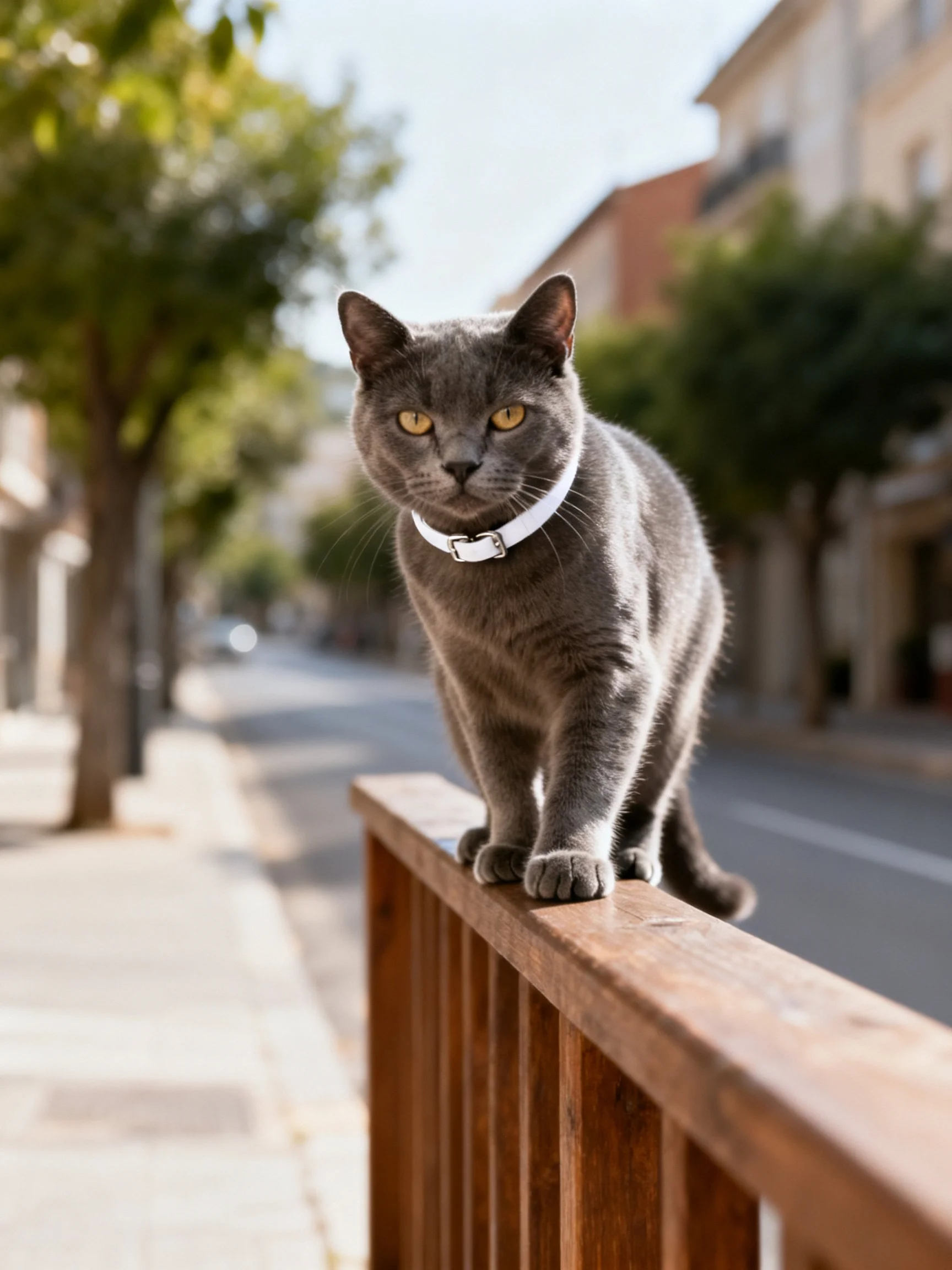 A gray cat with a white collar stands on a wooden railing in a bright urban environment.