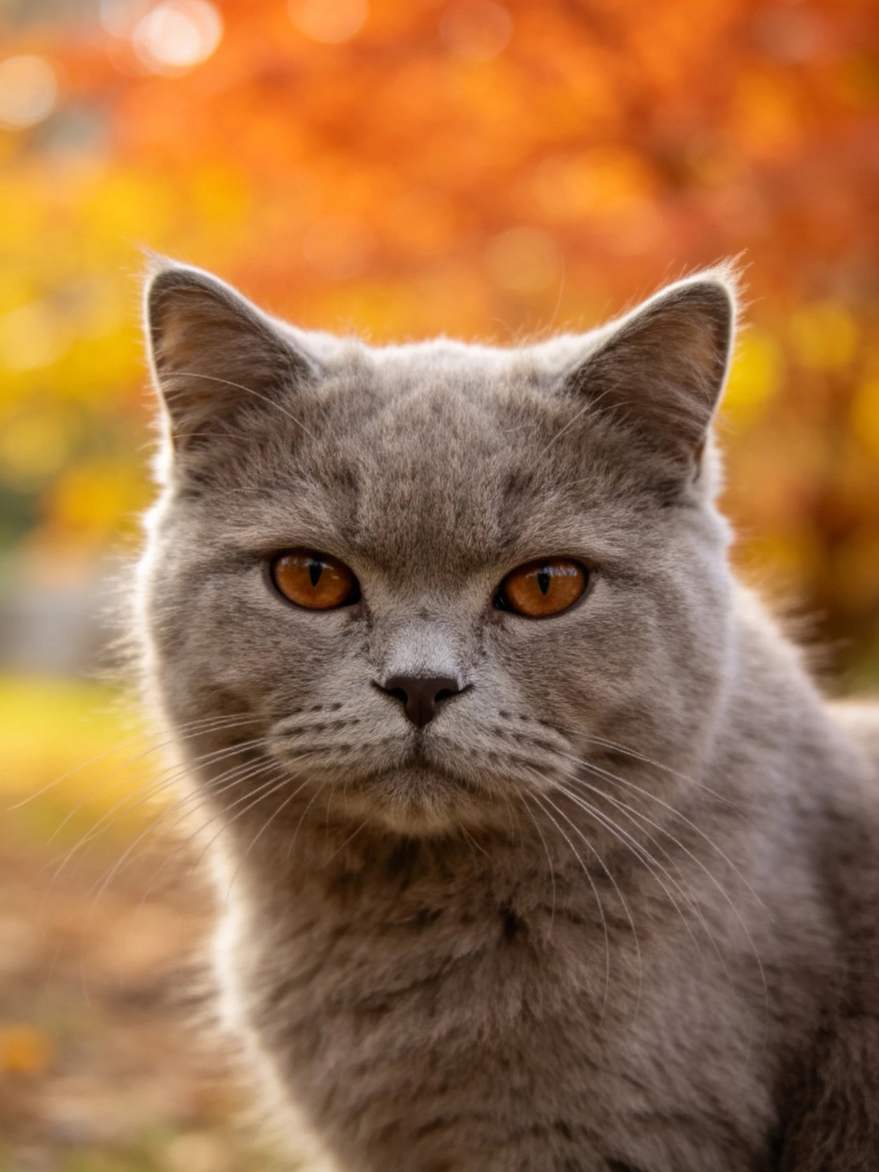 A gray cat with amber eyes amid vibrant autumn foliage