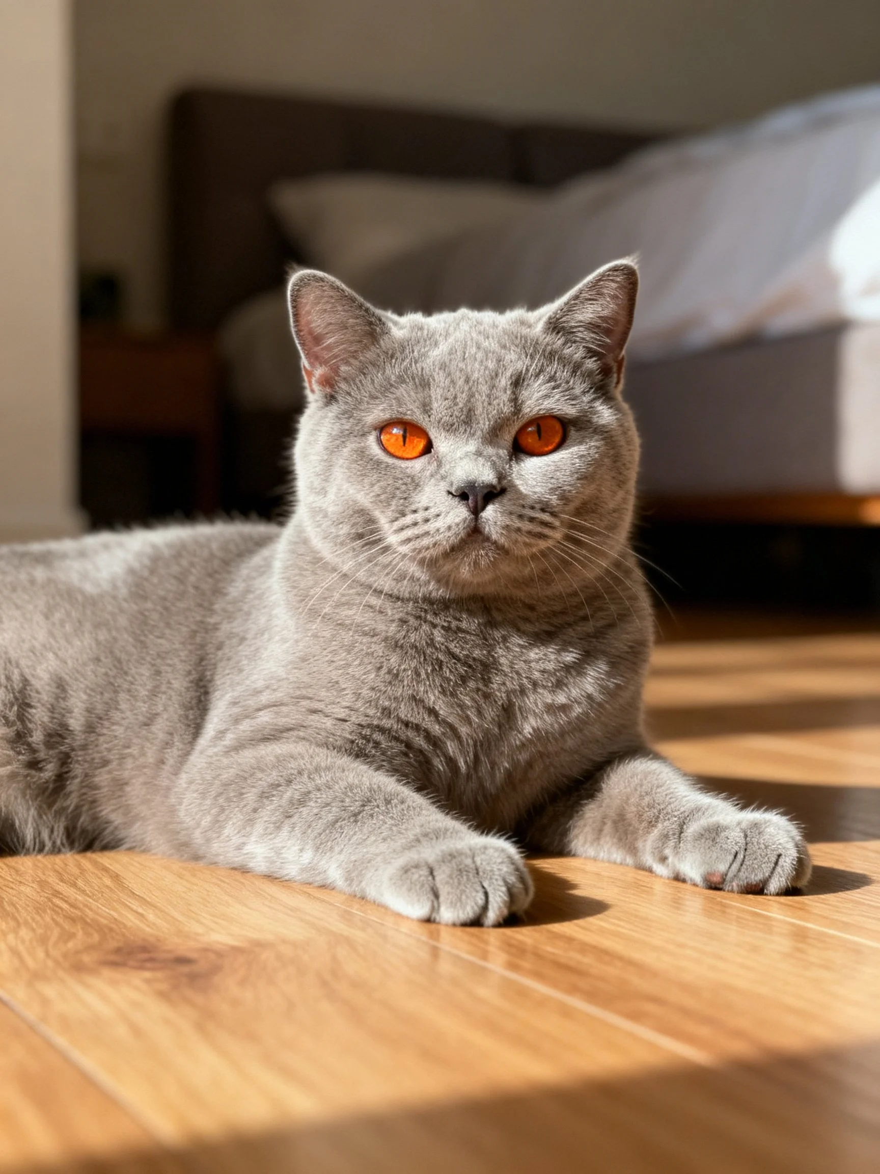 A gray cat with amber eyes rests on a polished wooden floor