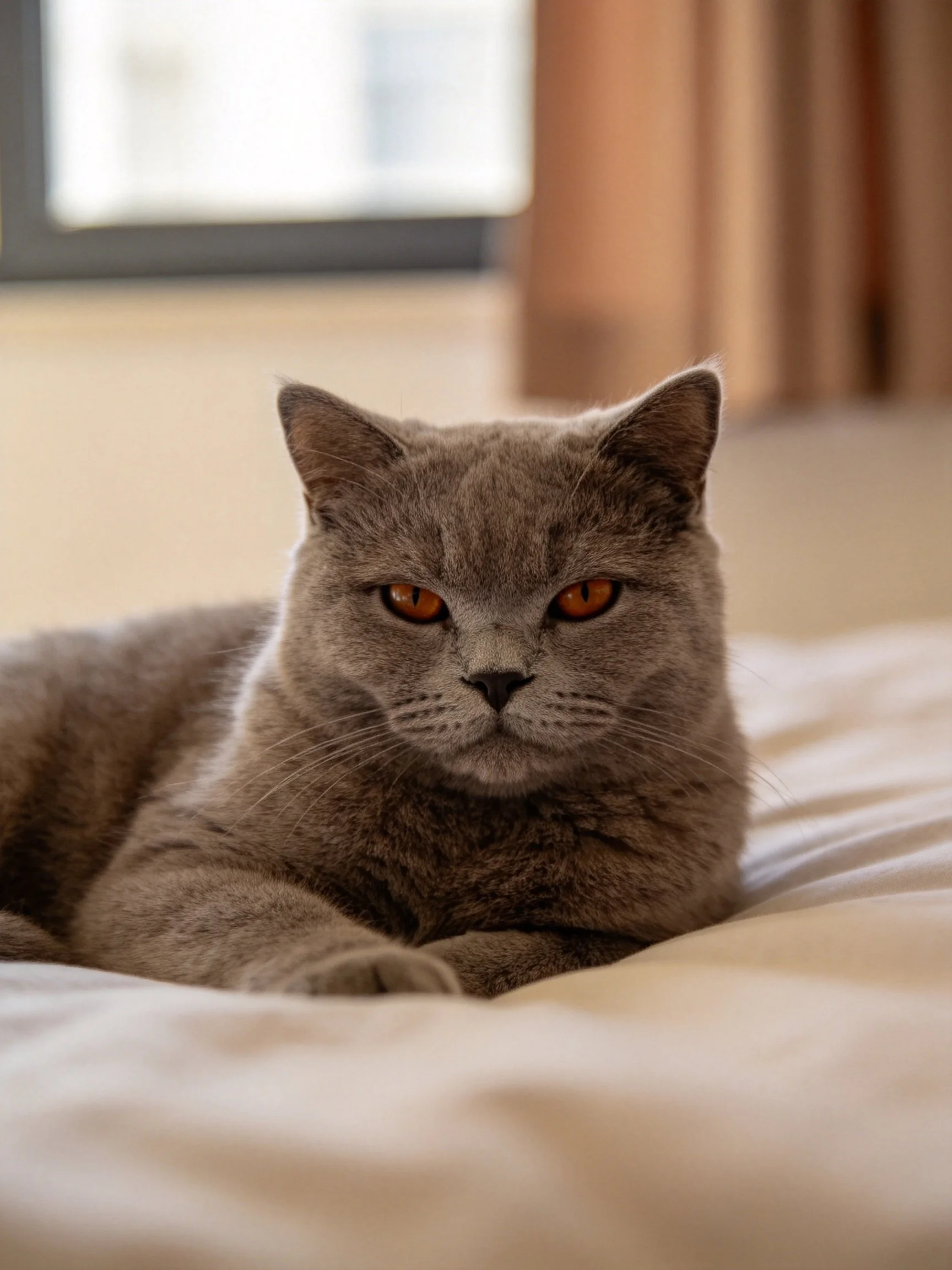 A gray cat with amber eyes rests on a soft bed near a window.