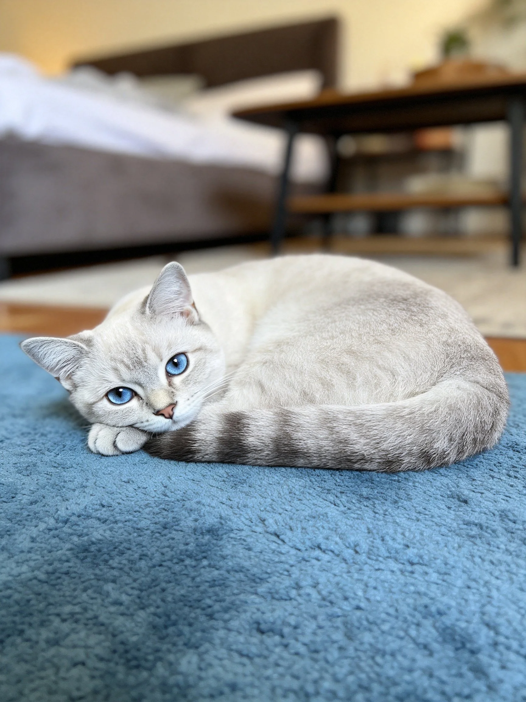 A gray cat with blue eyes resting on a blue rug in a cozy bedroom