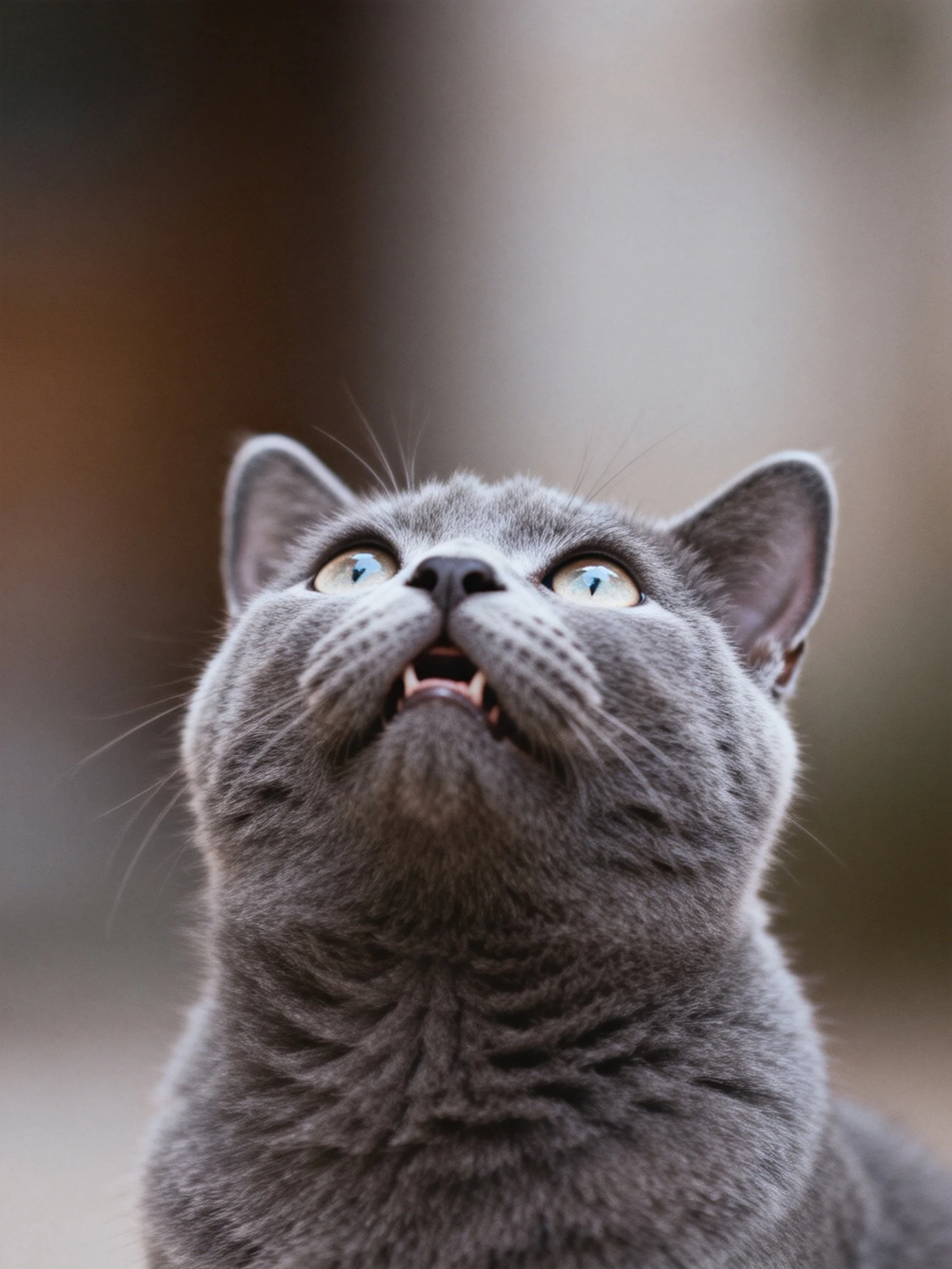 A gray cat with vivid blue eyes gazes upward against a blurred backdrop.