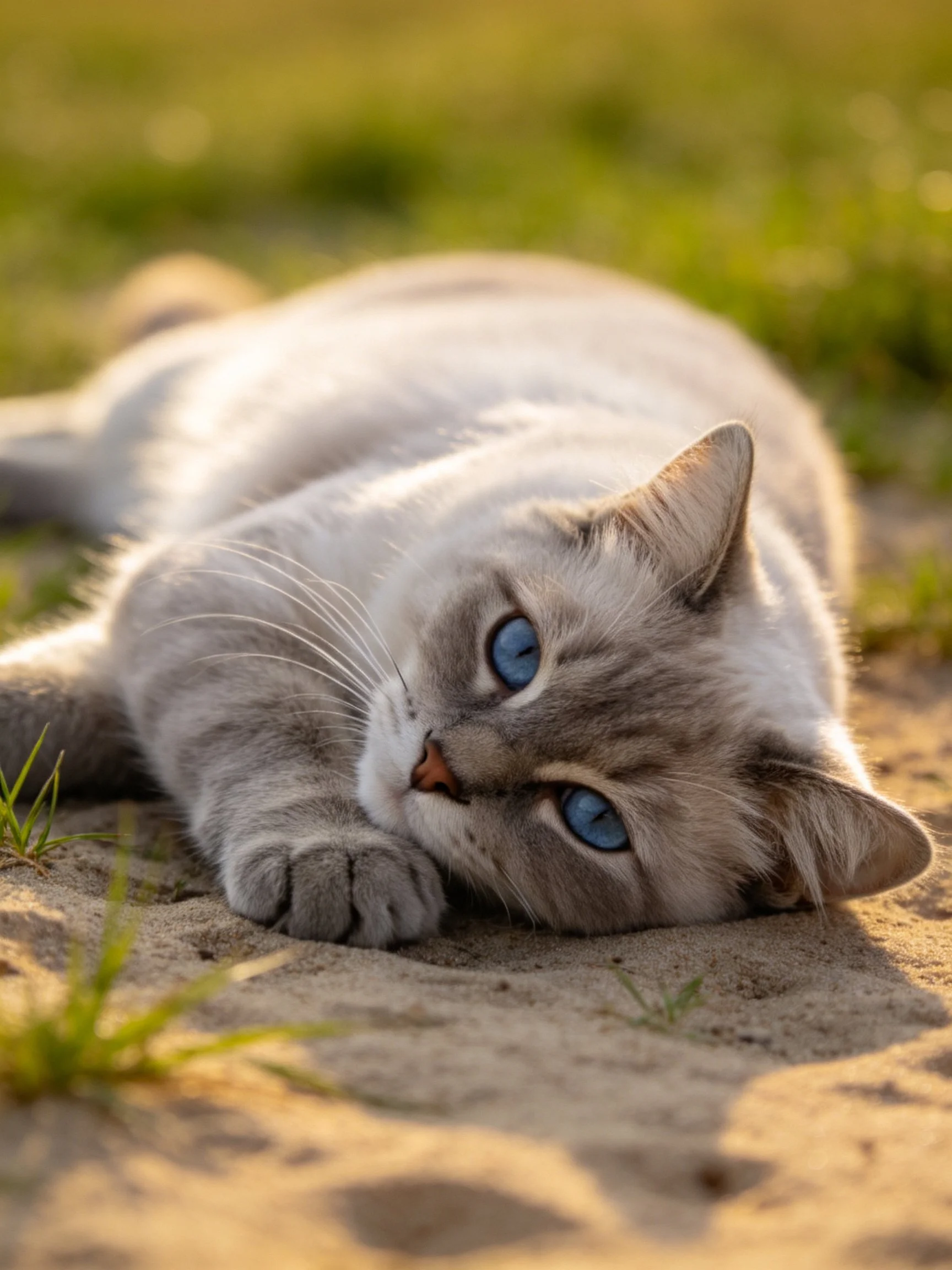 A gray cat with bright blue eyes lies on sandy ground