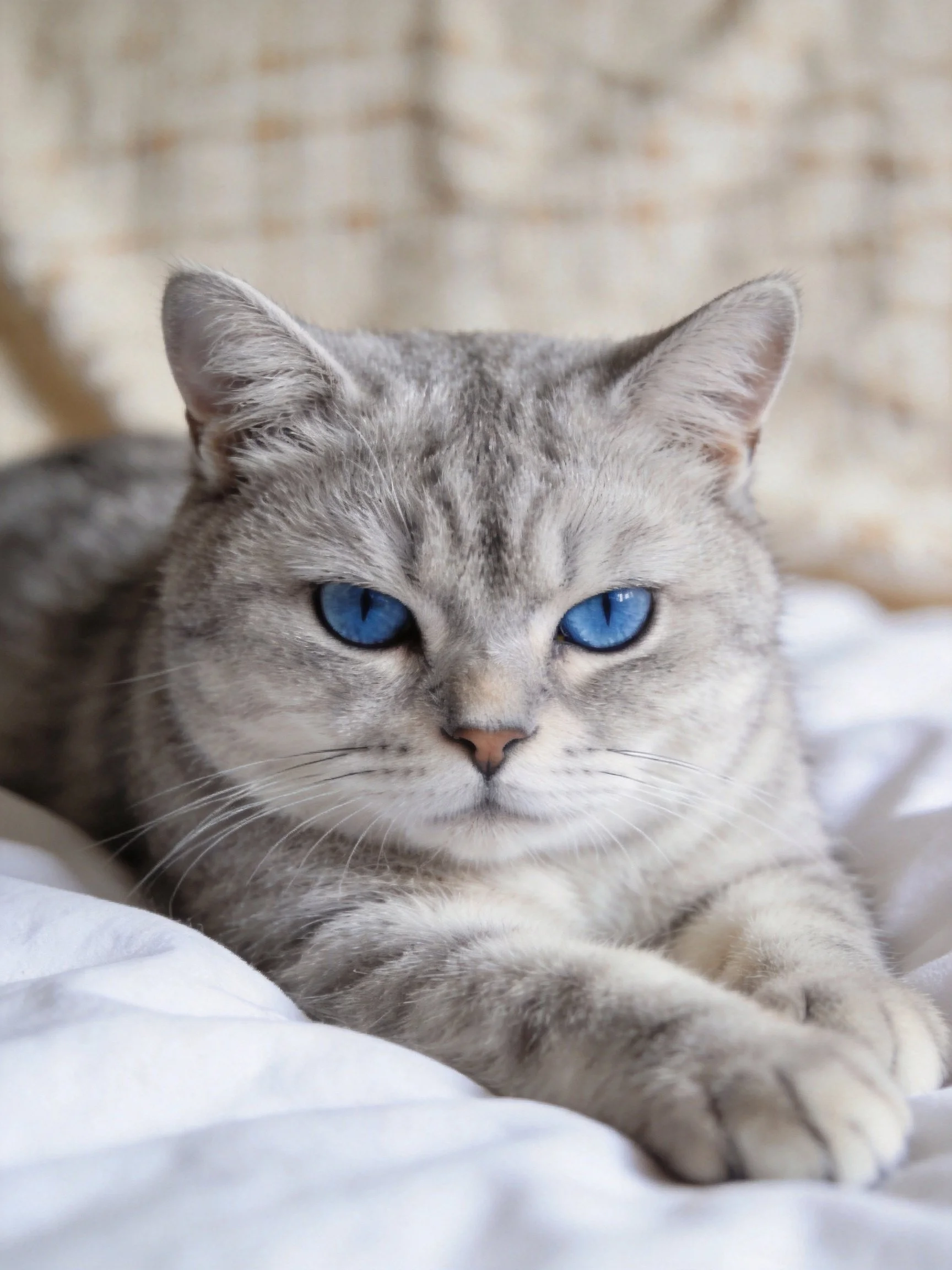 A gray cat with blue eyes rests calmly on white bedding.